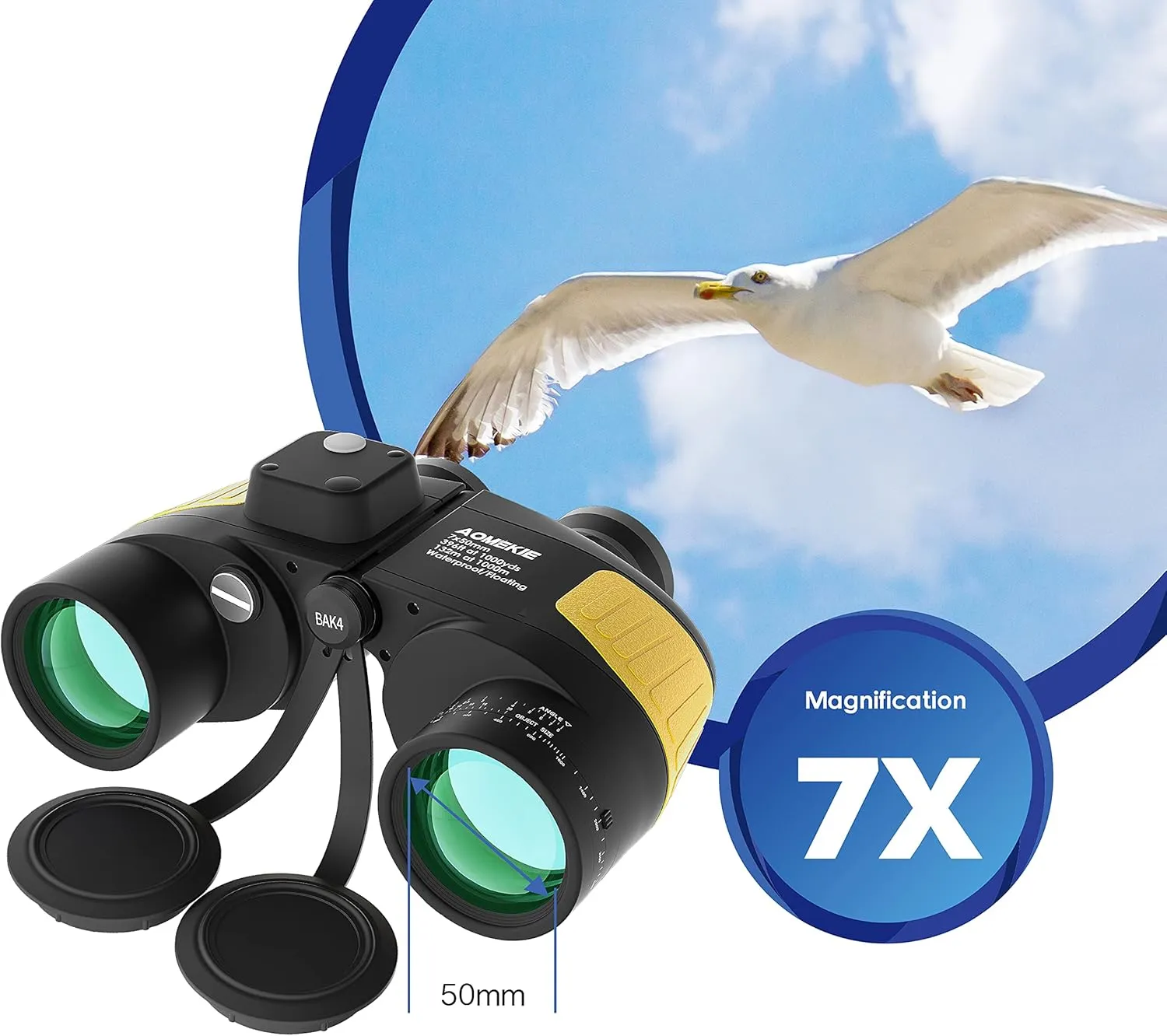 AOMEKIE Marine Binoculars for Adults 7X50 Military Waterproof Binoculars with Illuminated Rangefinder Compass BAK4 Prism IPX7 Fogproof for Boating Navigation Hunting Fishing Water Sports