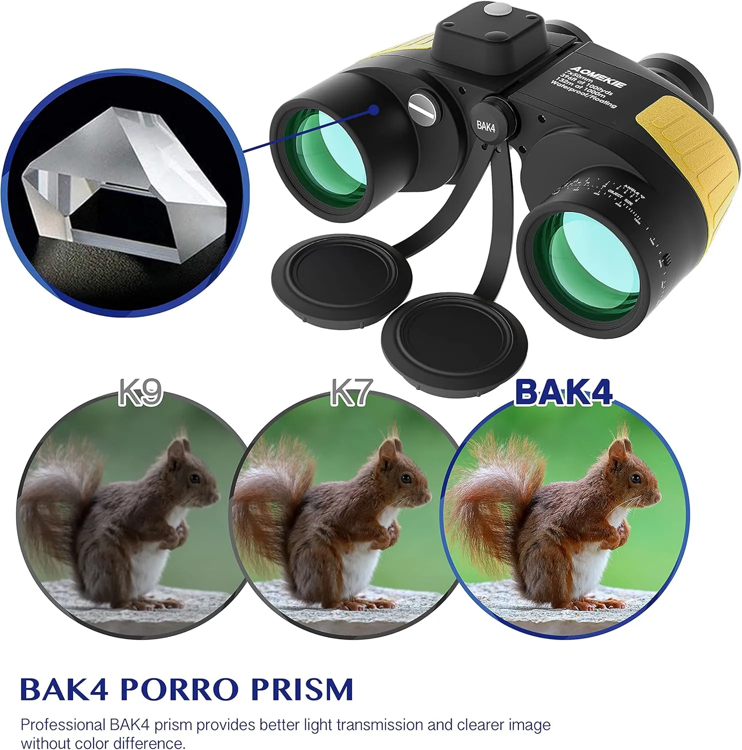 AOMEKIE Marine Binoculars for Adults 7X50 Military Waterproof Binoculars with Illuminated Rangefinder Compass BAK4 Prism IPX7 Fogproof for Boating Navigation Hunting Fishing Water Sports