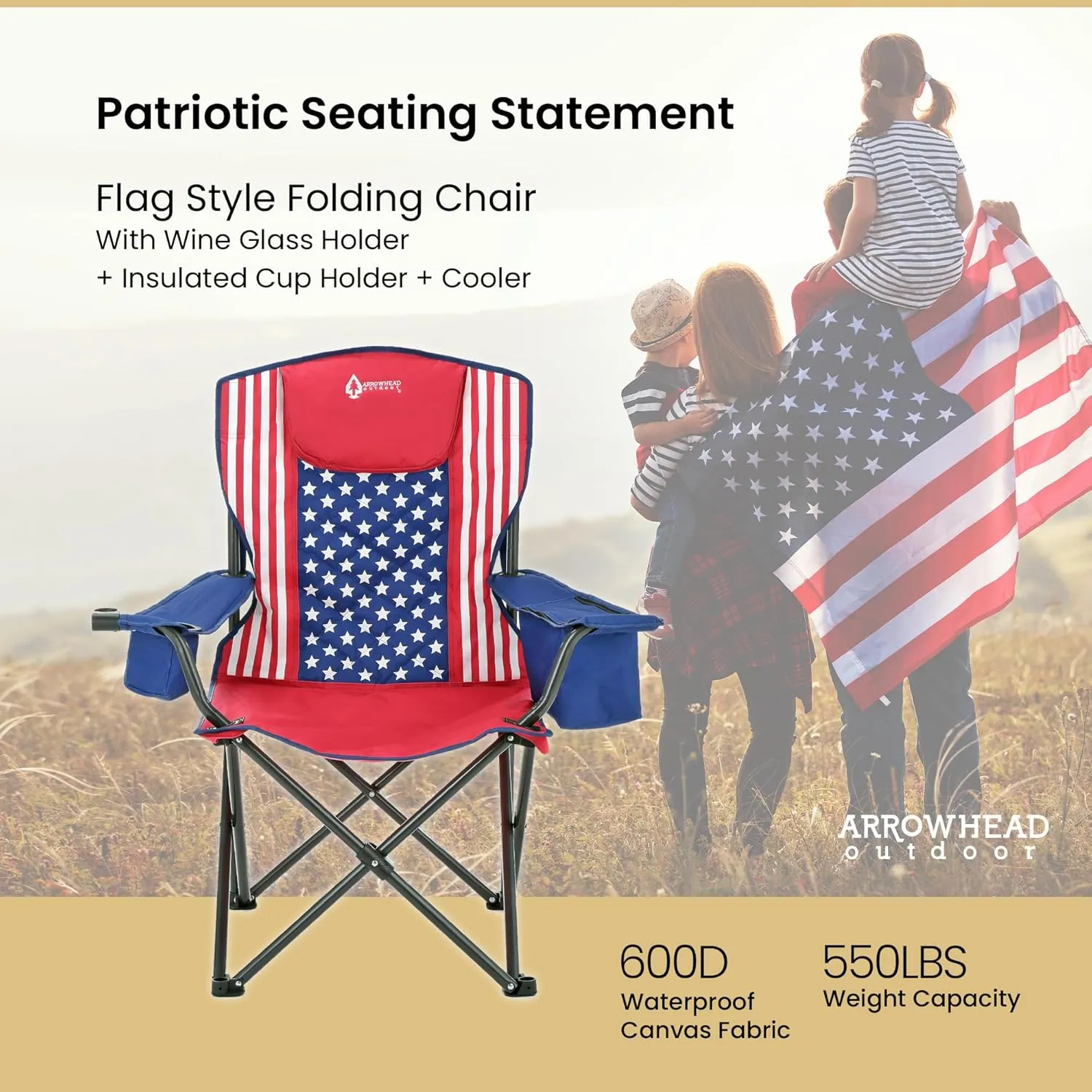 ARROWHEAD OUTDOOR 2-Pack Portable Folding Camping Quad Chair w/ 6-Can Cooler, Cup & Wine Glass Holders, Heavy-Duty Carrying Bag, Padded Armrests, Headrest & Seat, Supports up to 550lbs