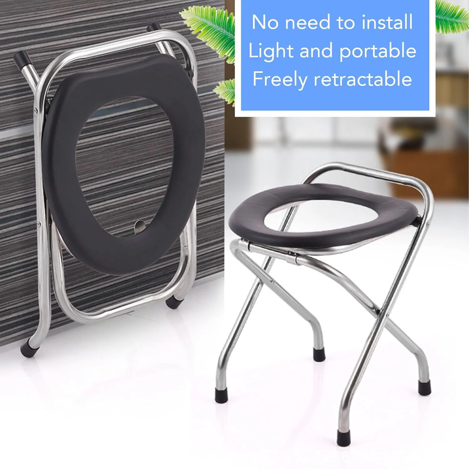 Asixxsix Folding Commode Chair, Heavy Duty Stainless Steel Portable Toilet with Soft Seat, Portable Toilet for Camping, Foldable Portable Potty for Adults, Roadtrip, Travel, Car