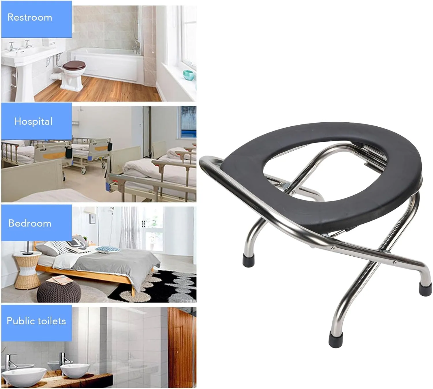 Asixxsix Folding Commode Chair, Heavy Duty Stainless Steel Portable Toilet with Soft Seat, Portable Toilet for Camping, Foldable Portable Potty for Adults, Roadtrip, Travel, Car