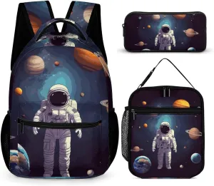 Astronaut Solar System Planets Backpack for Women Men Lightweight Waterproof Backpack Set With Lunch Box Pencil Case Travel Laptop Backpack Casual Daypacks, Style