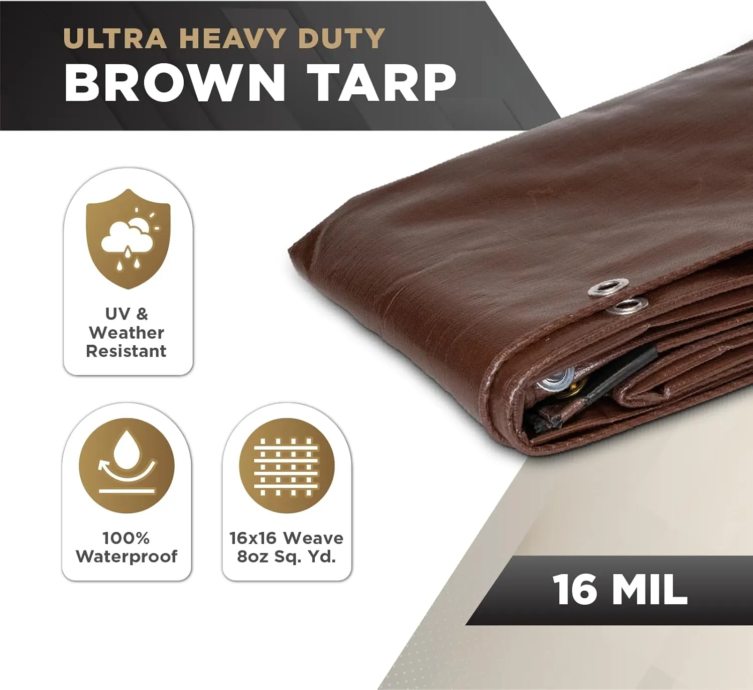 ATERET 4' x 20' Super Heavy Duty 16 Mil Brown Poly Tarp Cover - UV Resistant, Thick Waterproof, Rip and Tear Proof Tarpaulin with Grommets and Reinforced Edges