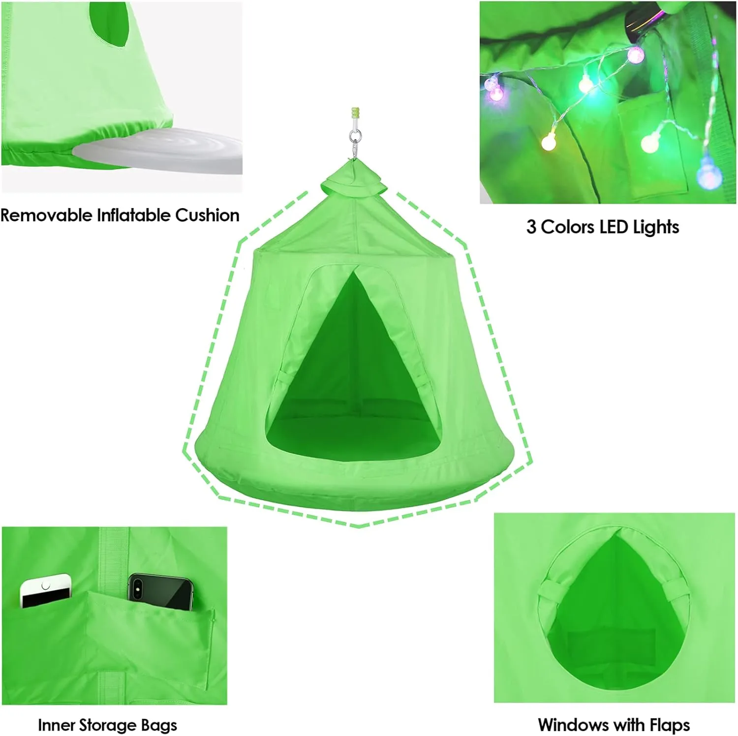 AthLike X-Shaped Hanging Tree Tent w/Swing Chair,Hammock Chair Stand Canopy w/Steel Frame,Indoor Outdoor Egg Basket Patio Seat w/Adjustable Solid Stand,Bedroom Porch Balcony Garden 330lb (Green)
