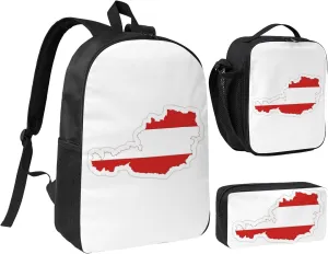 Austrian Flag Map print Backpacks With Lunch Pack Pencil Case 3pcs, Lightweight Bookbag Unisex for Traveling