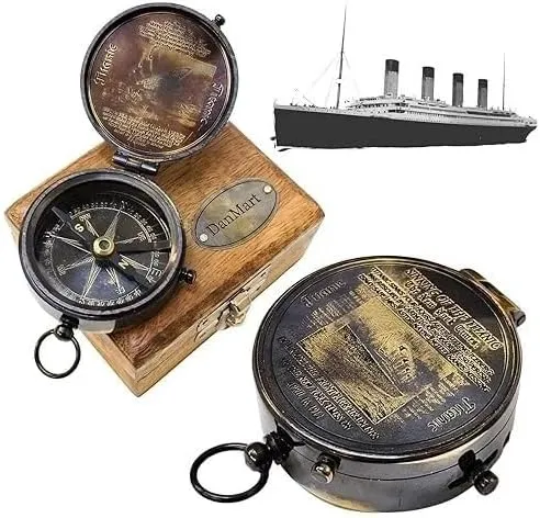 Authentic Antique Lid Titanic Compass with Wooden Box Directional Magnetic Compass Vintage Nautical Sailor Article - Maritime Magnetic Gift