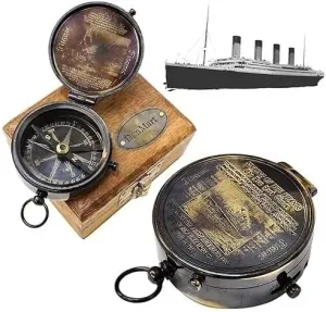 Authentic Antique Lid Titanic Compass with Wooden Box Directional Magnetic Compass Vintage Nautical Sailor Article - Maritime Magnetic Gift