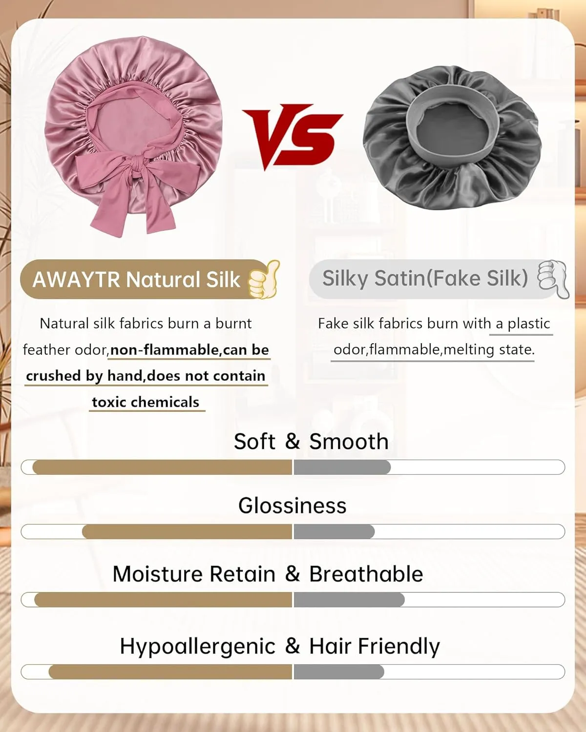 AWAYTR 100% Mulberry Silk Hair Bonnet for Women Sleeping with Tie Band 19 Momme Silk Sleep Cap Night (US, Alpha, One Size, Pale mauve)