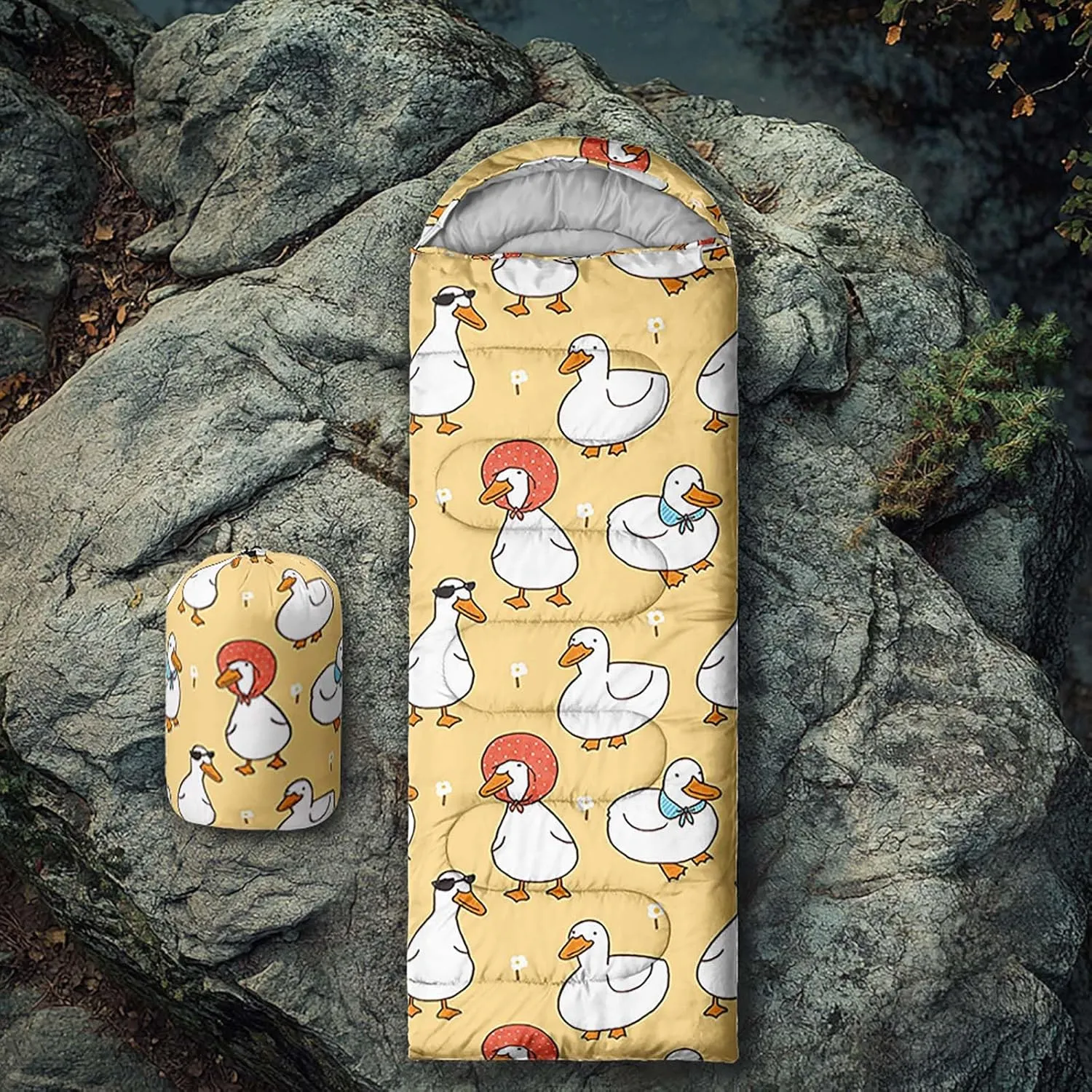 Axolotl Polar Bear Sleeping Bag for Kids Girls,Pink Strawberry Camping Bag with Kawaii Animals Compression Sack for Women,Pink Sleeping Mat for 3 Season Traveling Outdoor Hiking Camping Gear Equipment