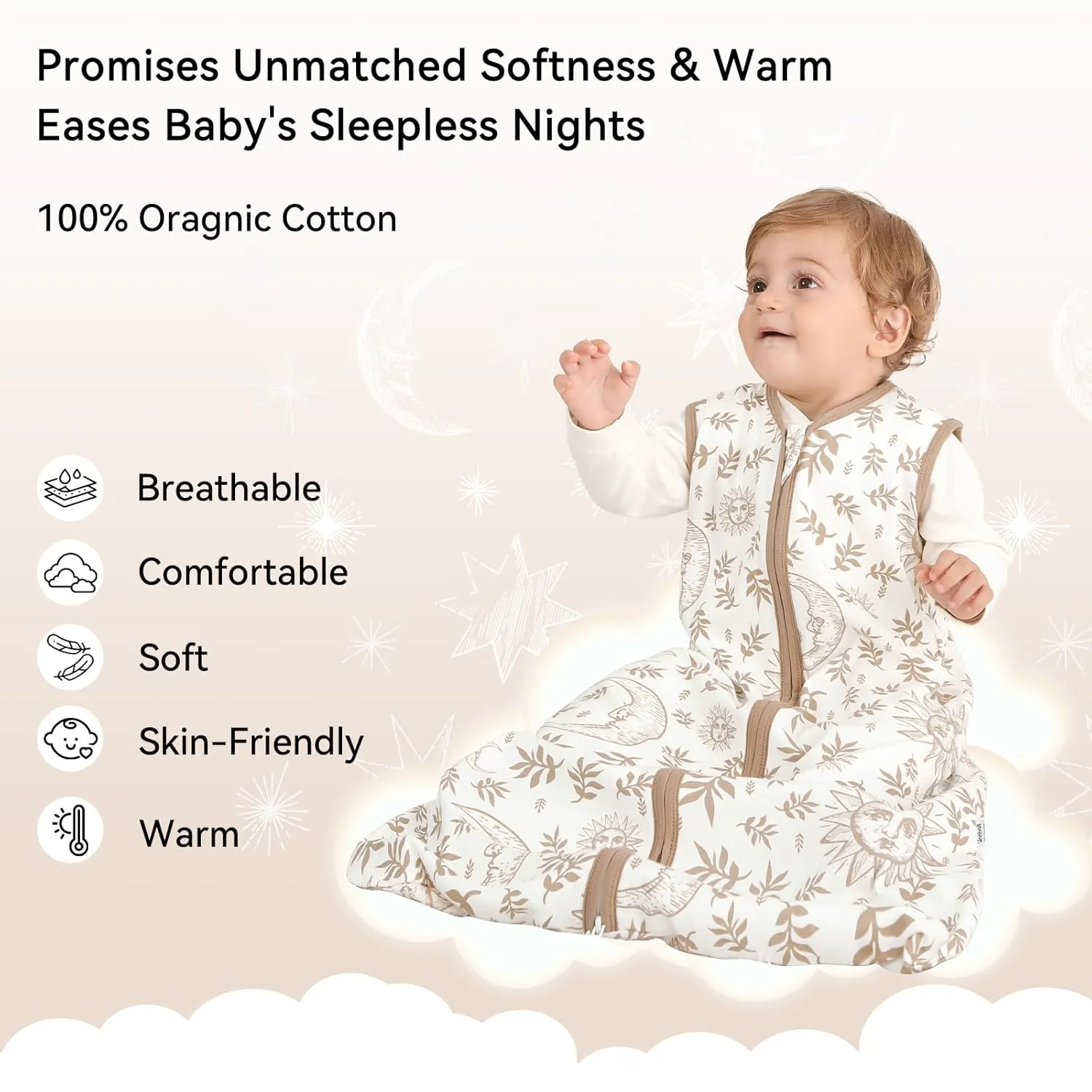 Baby Sleep Sack 0-6 Months 3 Pack 100% Cotton Lightweight 0.5 TOG Wearable Blanket Baby Sleep Bag with 2-Way Zipper for Newborn Infant Toddler Beige