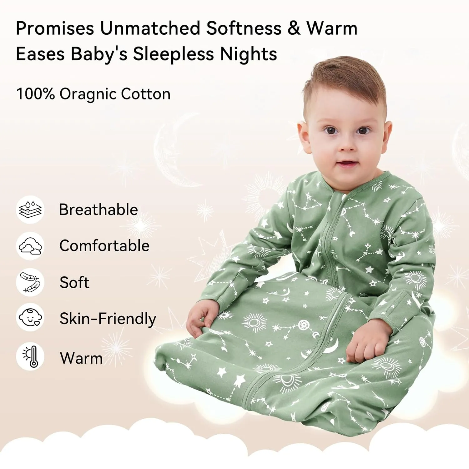 Baby Sleep Sack 6-12 Months 100% Cotton Long Sleeve Wearable Blanket Baby Sleep Bag with 2-Way Zipper 2 Pack 0.5 Tog Sleeping Sack for Newborn Infant