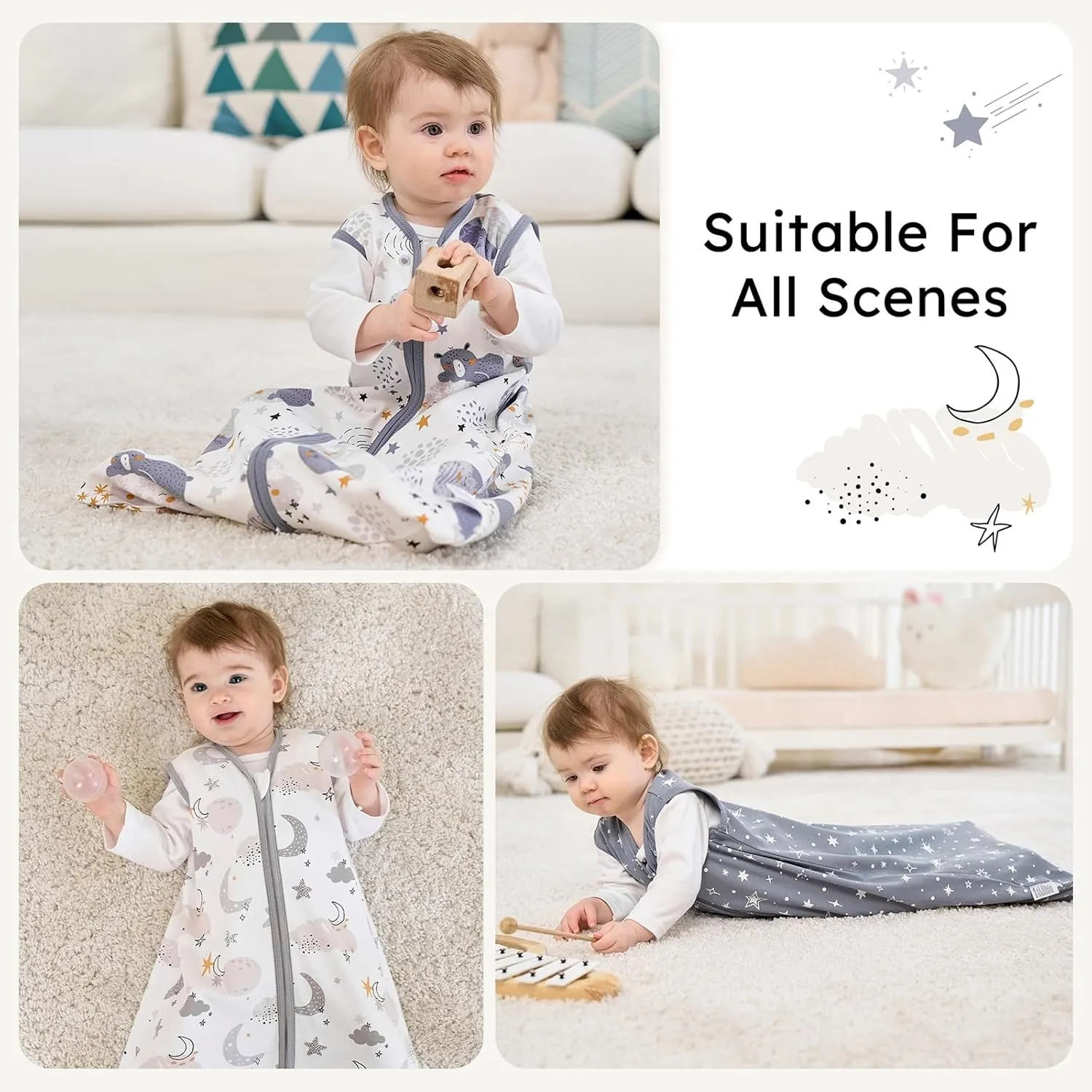 Baby Sleep Sack 6-12 months, 100% Cotton Sleeping Sack for Newborn and Infant, 3 Pack Baby Wearable Blanket for Boy and Girl, 0.5 Tog Lightweight Double Zipper Sleep Bag Grey Moon Bear