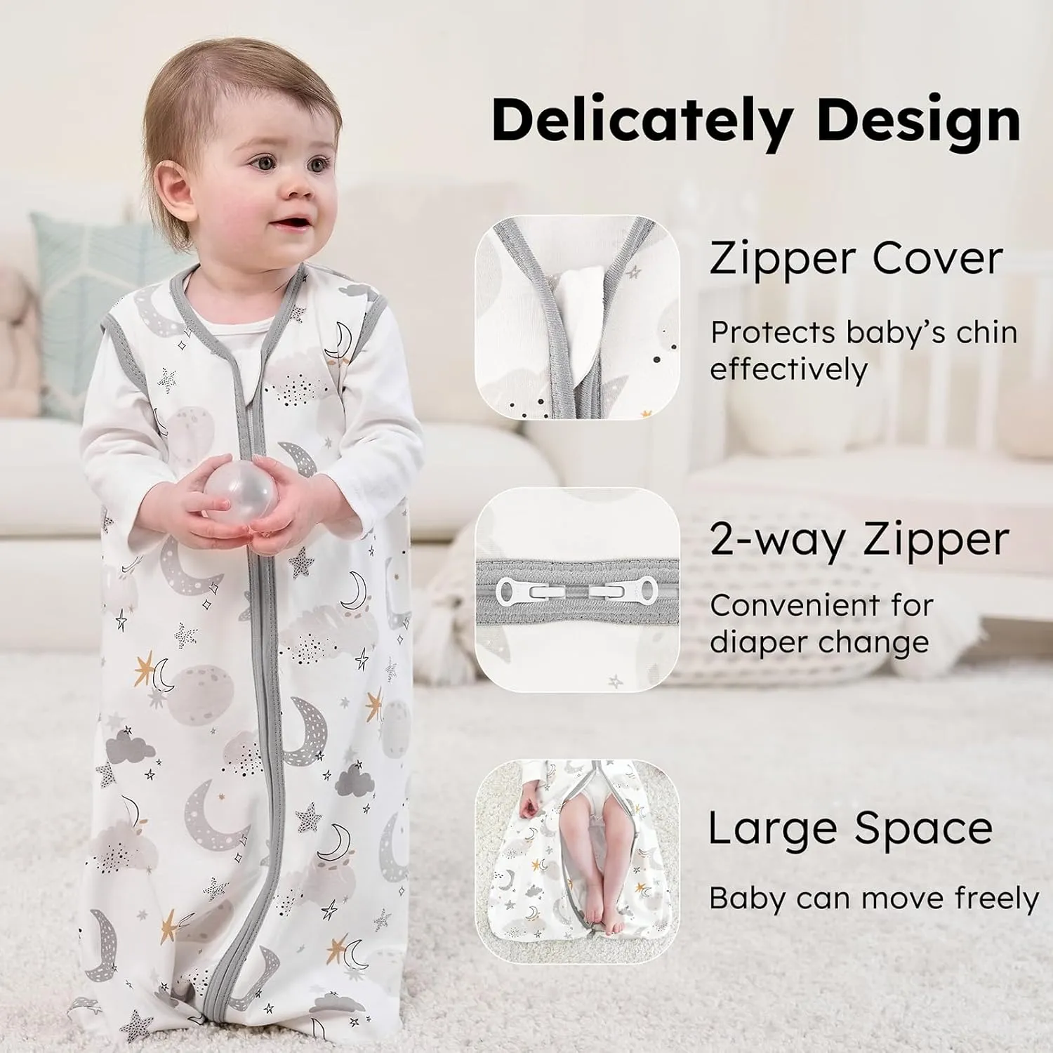 Baby Sleep Sack 6-12 months, 100% Cotton Sleeping Sack for Newborn and Infant, 3 Pack Baby Wearable Blanket for Boy and Girl, 0.5 Tog Lightweight Double Zipper Sleep Bag Grey Moon Bear
