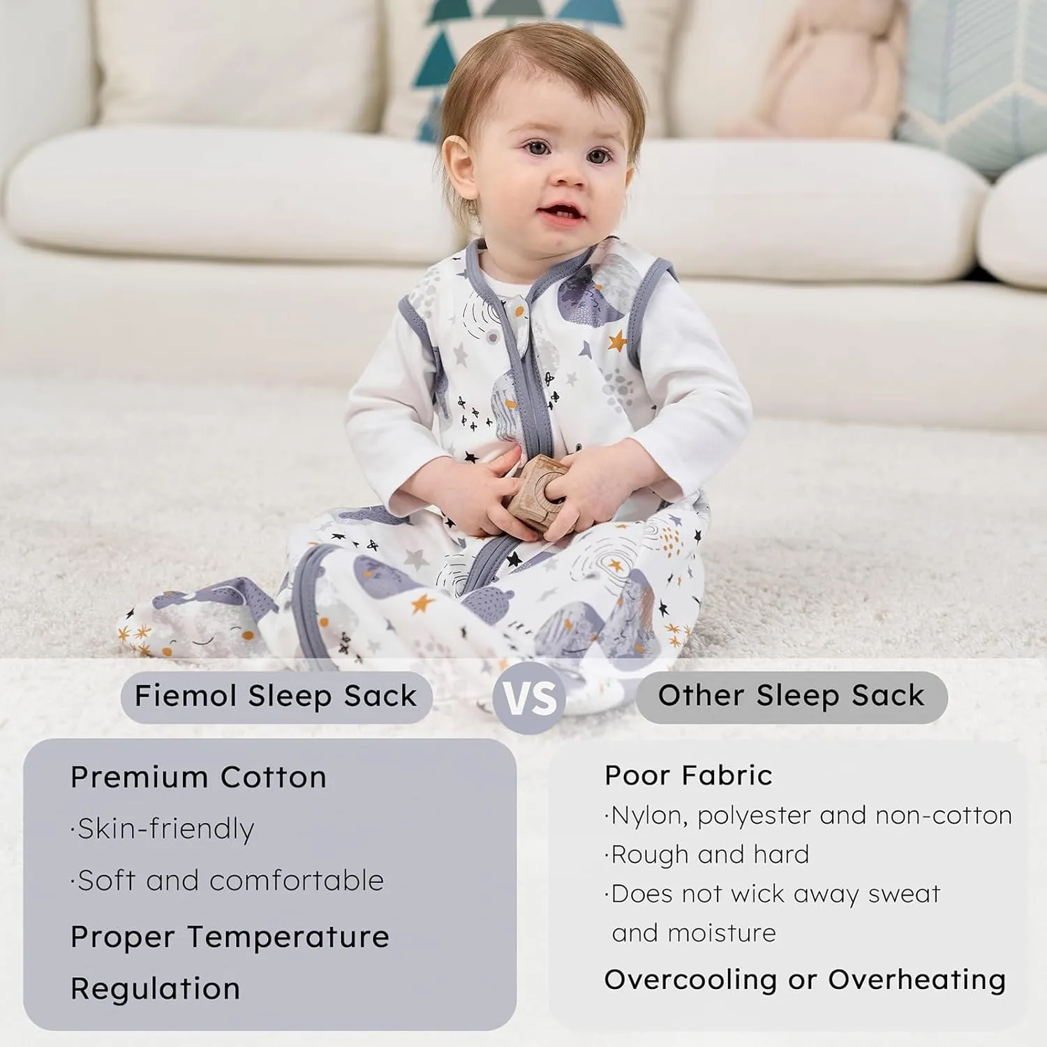 Baby Sleep Sack 6-12 months, 100% Cotton Sleeping Sack for Newborn and Infant, 3 Pack Baby Wearable Blanket for Boy and Girl, 0.5 Tog Lightweight Double Zipper Sleep Bag Grey Moon Bear