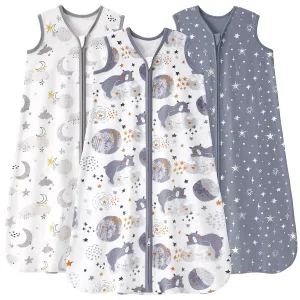Baby Sleep Sack 6-12 months, 100% Cotton Sleeping Sack for Newborn and Infant, 3 Pack Baby Wearable Blanket for Boy and Girl, 0.5 Tog Lightweight Double Zipper Sleep Bag Grey Moon Bear