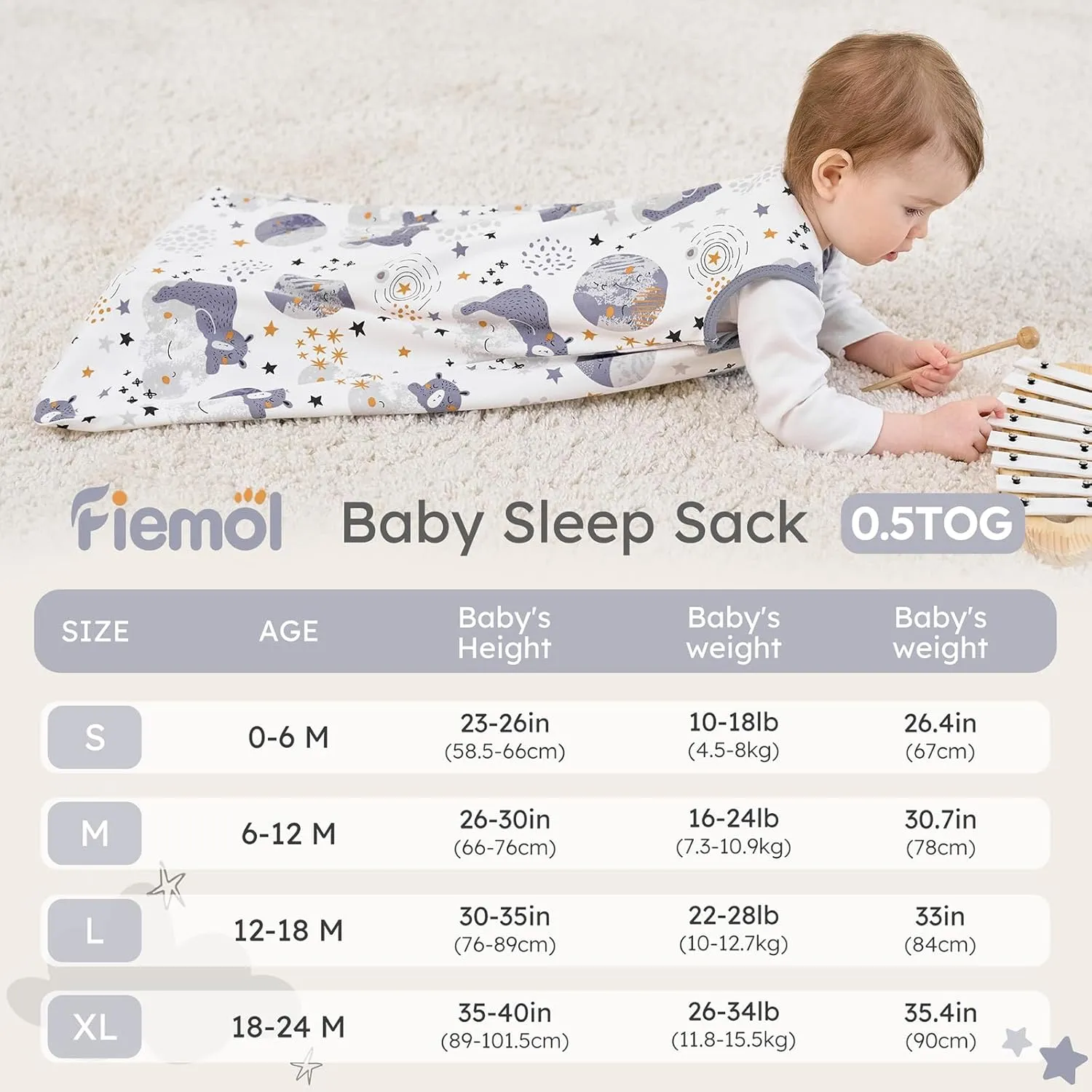 Baby Sleep Sack 6-12 months, 100% Cotton Sleeping Sack for Newborn and Infant, 3 Pack Baby Wearable Blanket for Boy and Girl, 0.5 Tog Lightweight Double Zipper Sleep Bag Grey Moon Bear