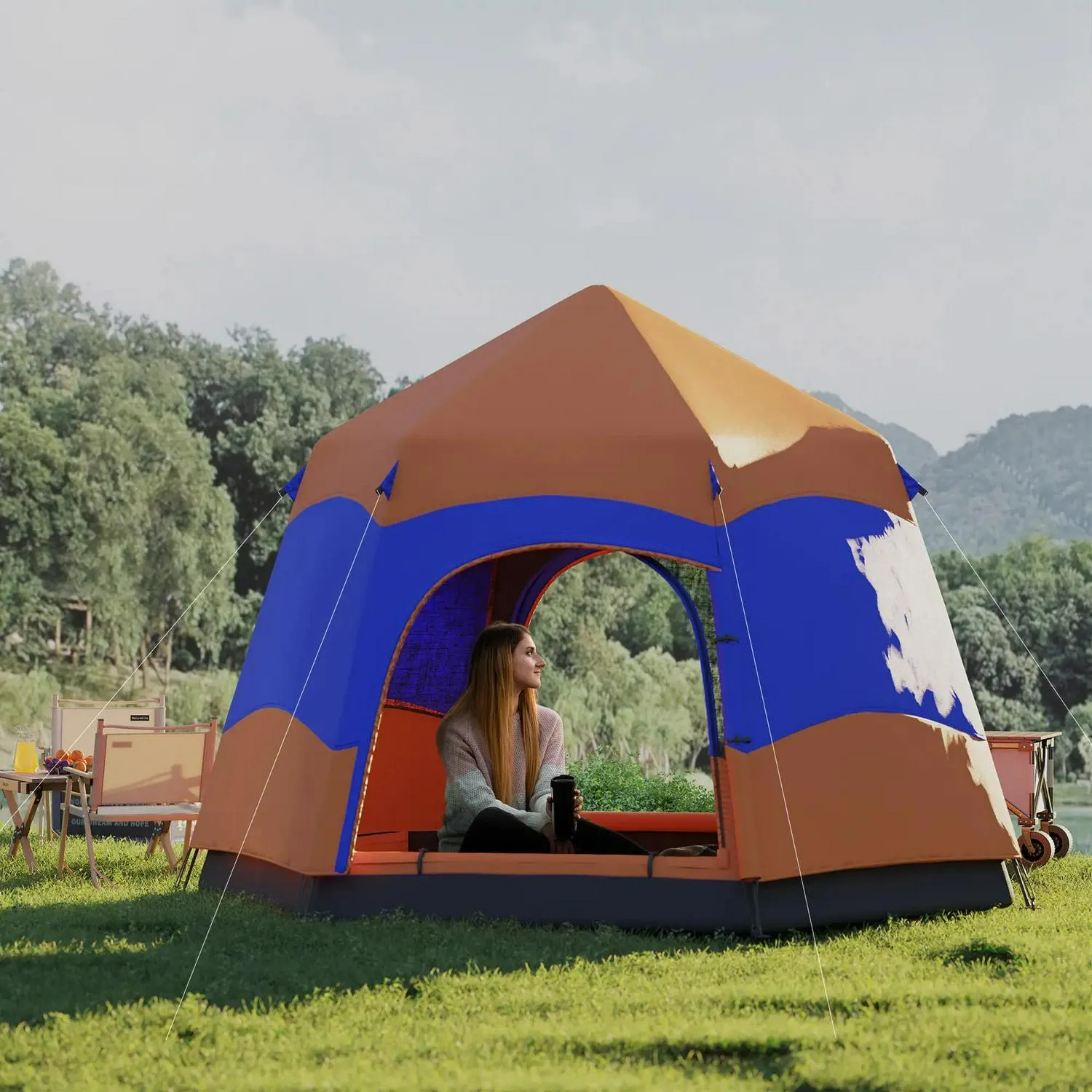 Bag, Camping Festival Layer Double Up Family, Dome Hang Carry Portable Hexagon Shelter Tent Hook Outsunny 4 Floor, Man Pop Blue Free shipping Hiking For Welded Proactive support Rainfly With And Orange