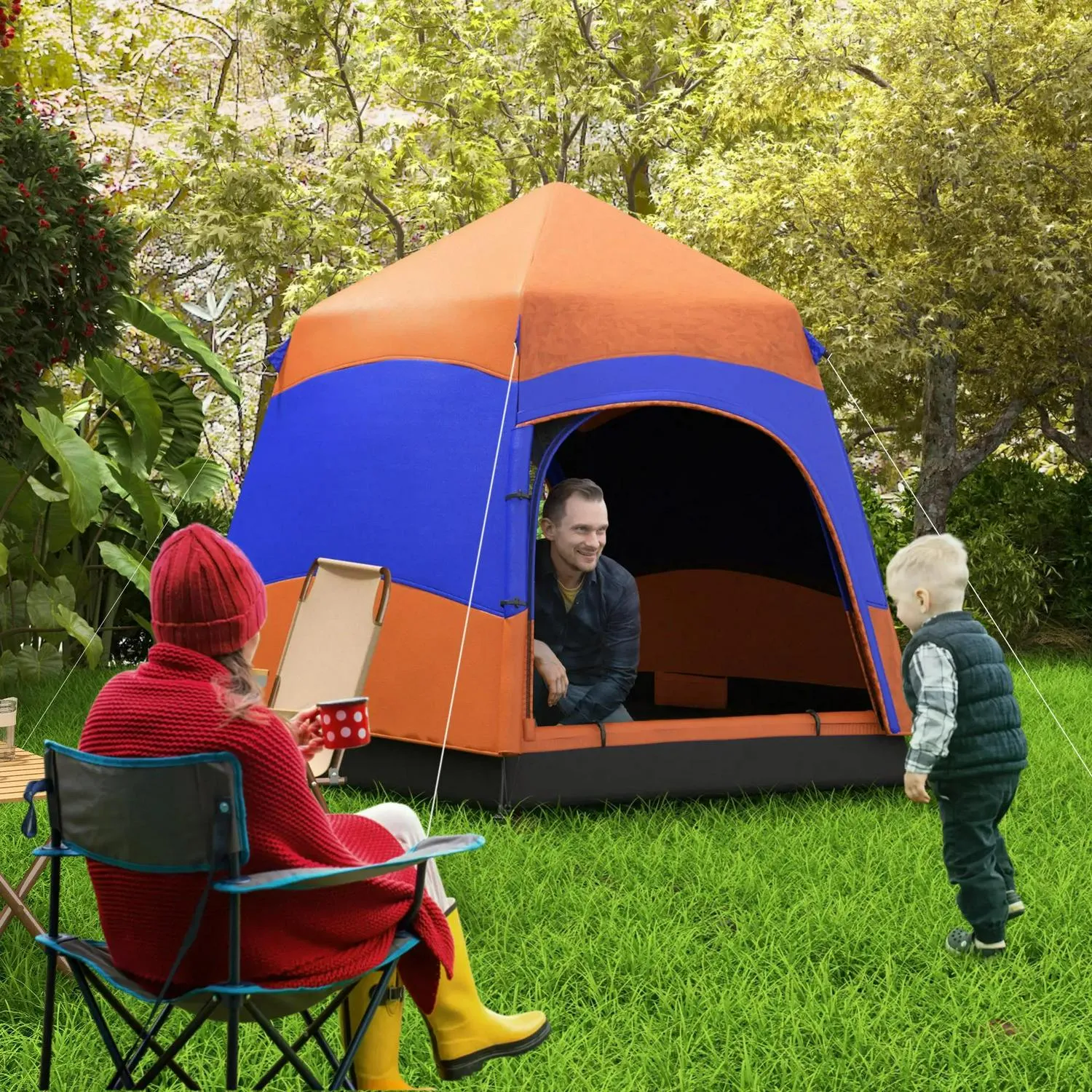 Bag, Camping Festival Layer Double Up Family, Dome Hang Carry Portable Hexagon Shelter Tent Hook Outsunny 4 Floor, Man Pop Blue Free shipping Hiking For Welded Proactive support Rainfly With And Orange