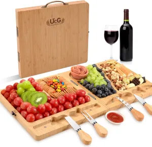 Bamboo Charcuterie Board Set - Large Folding Cheese Board with Knife Set - Unique White Elephant Gift, House Warming Gift, Wedding Gifts - 22.8 x 11.4 Inches