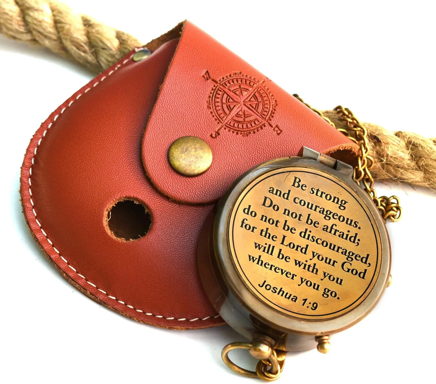 Be Strong and Courageous (Joshua 1:9) Brass Compass with wooden Box-Engraved Scripture Prayer Compass Religious Gift for Men & Women - Baptism, Confirmation, Communion Compass for Boys Graduation Gift