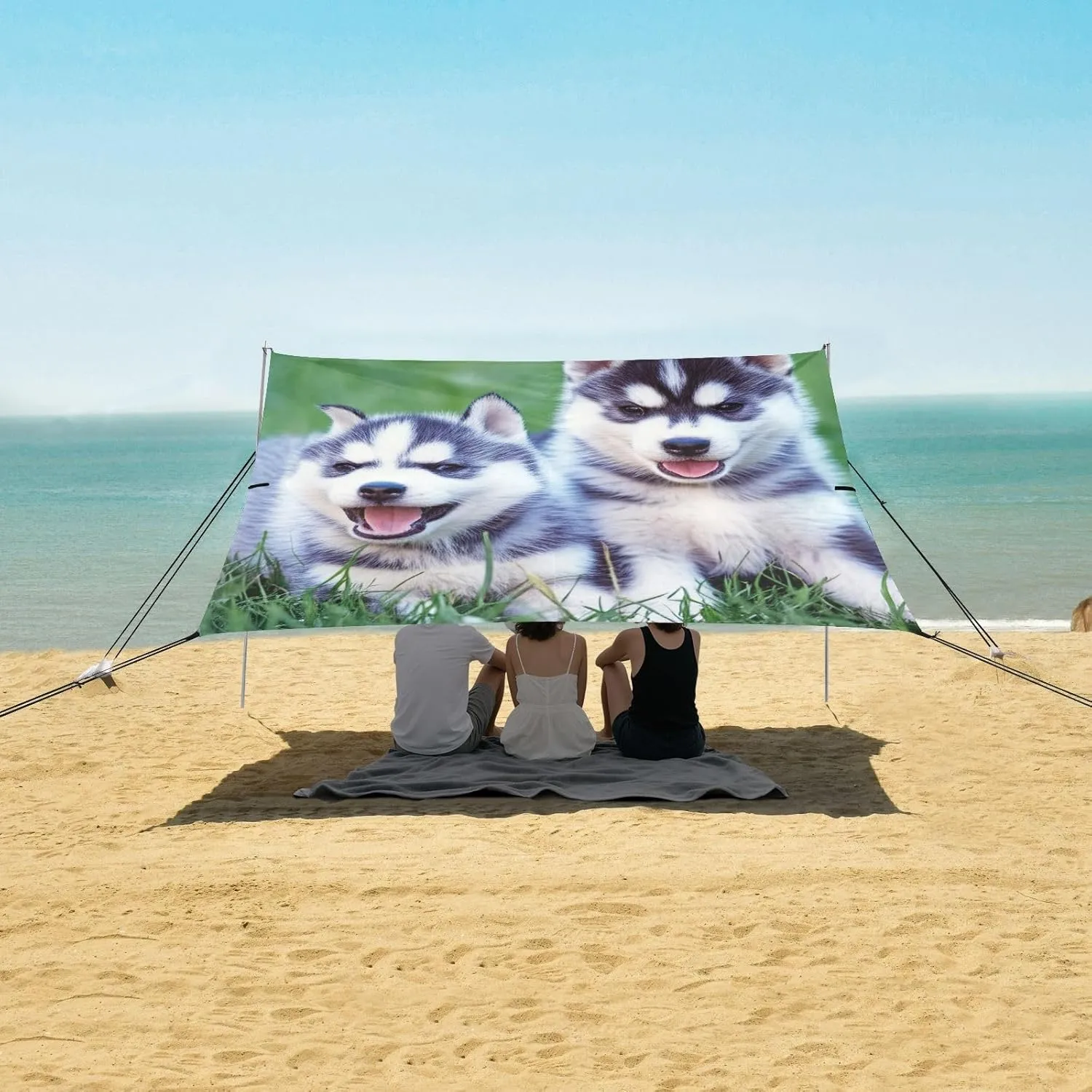 Beach Canopy Tent Outdoor Patio Shade Cute Decorative Camping Sun Shelter Custom with Sand Bags Poles Sunshade 9.2 × 10.5 FT Siberian Husky Puppies Grass