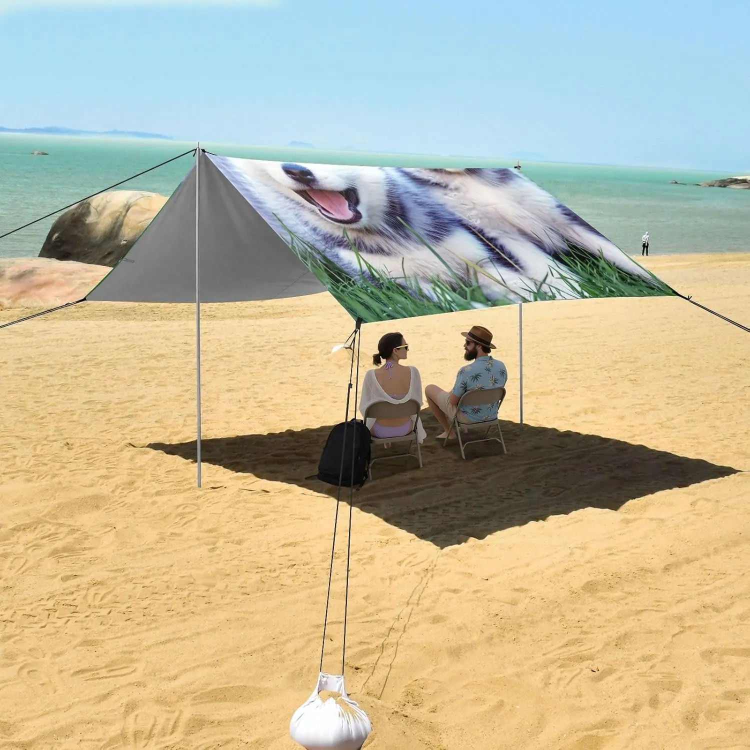 Beach Canopy Tent Outdoor Patio Shade Cute Decorative Camping Sun Shelter Custom with Sand Bags Poles Sunshade 9.2 × 10.5 FT Siberian Husky Puppies Grass