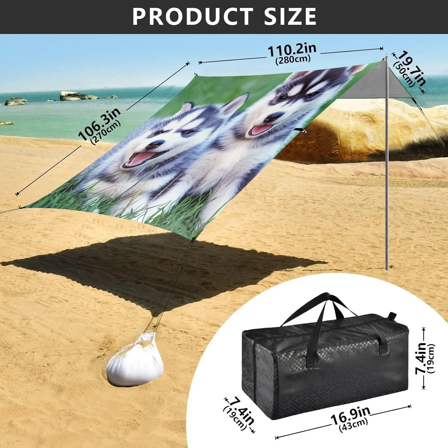 Beach Canopy Tent Outdoor Patio Shade Cute Decorative Camping Sun Shelter Custom with Sand Bags Poles Sunshade 9.2 × 10.5 FT Siberian Husky Puppies Grass