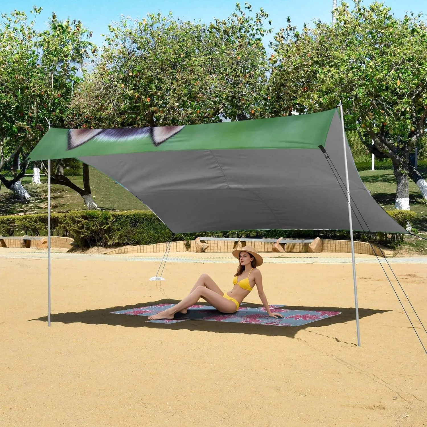 Beach Canopy Tent Outdoor Patio Shade Cute Decorative Camping Sun Shelter Custom with Sand Bags Poles Sunshade 9.2 × 10.5 FT Siberian Husky Puppies Grass
