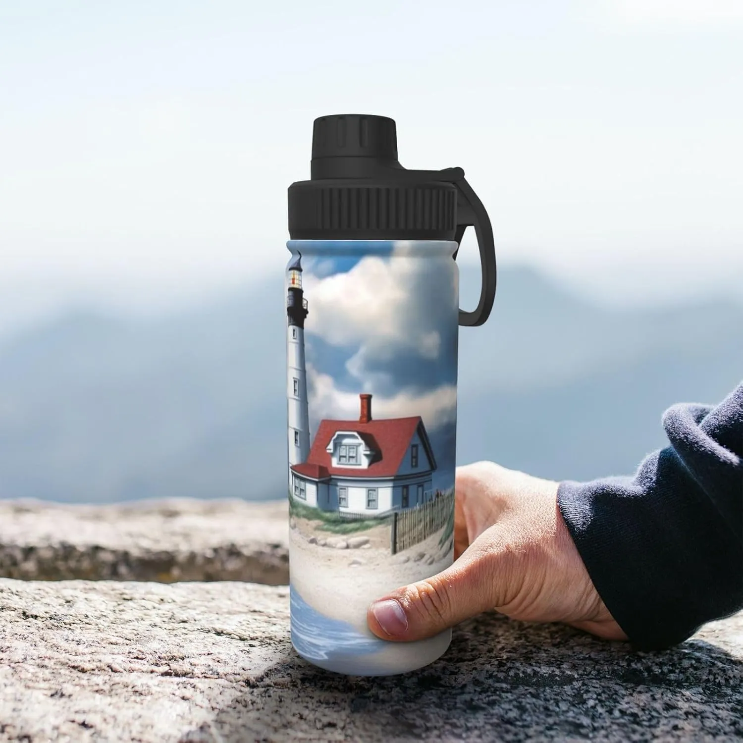 Beach Lighthouse 18 oz Stainless Steel Water Bottles Insulated Sports Water Bottle with Spout Lid, Watercolor Sky Cloud Double Wall Travel Water Flask for Men Women
