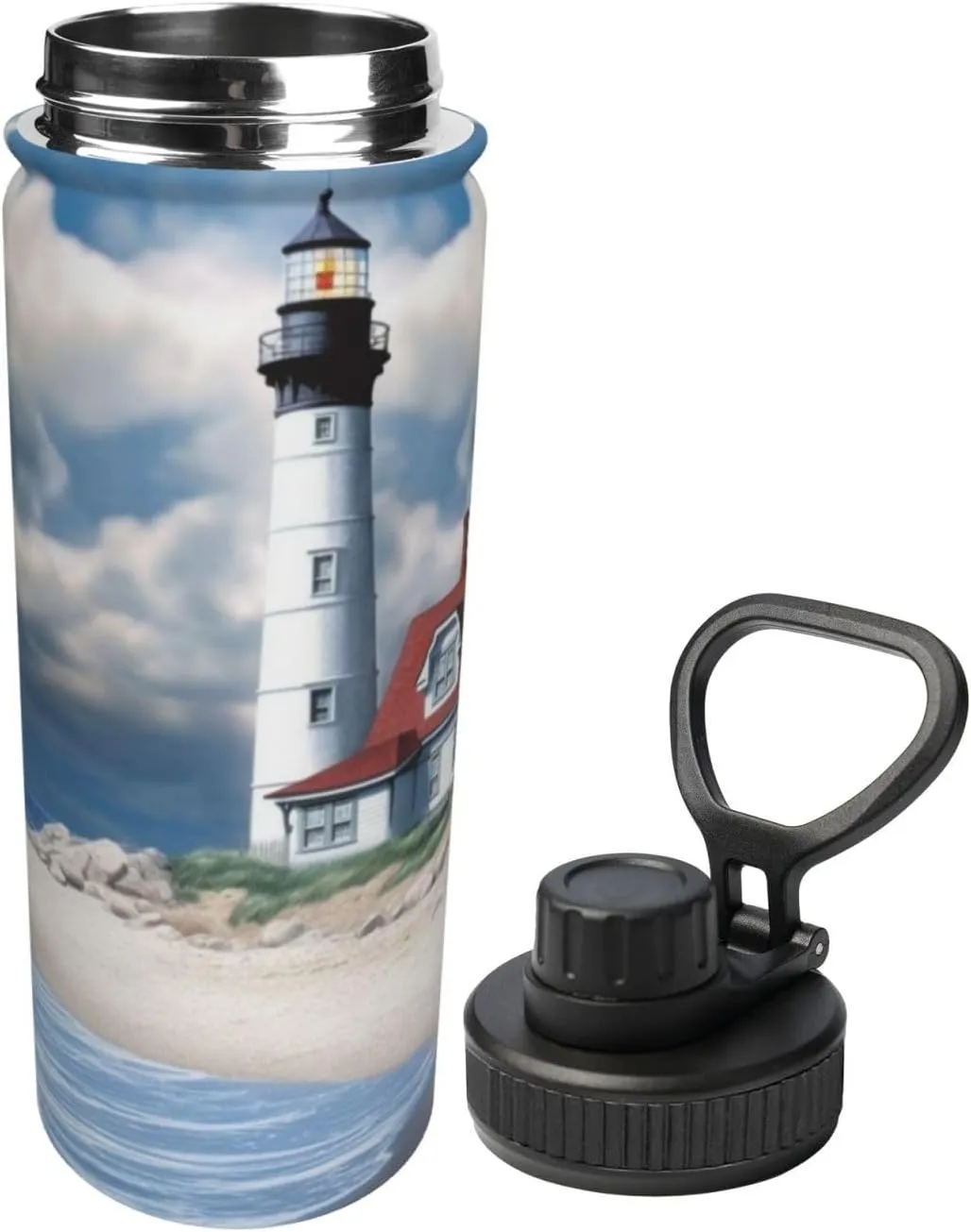Beach Lighthouse 18 oz Stainless Steel Water Bottles Insulated Sports Water Bottle with Spout Lid, Watercolor Sky Cloud Double Wall Travel Water Flask for Men Women