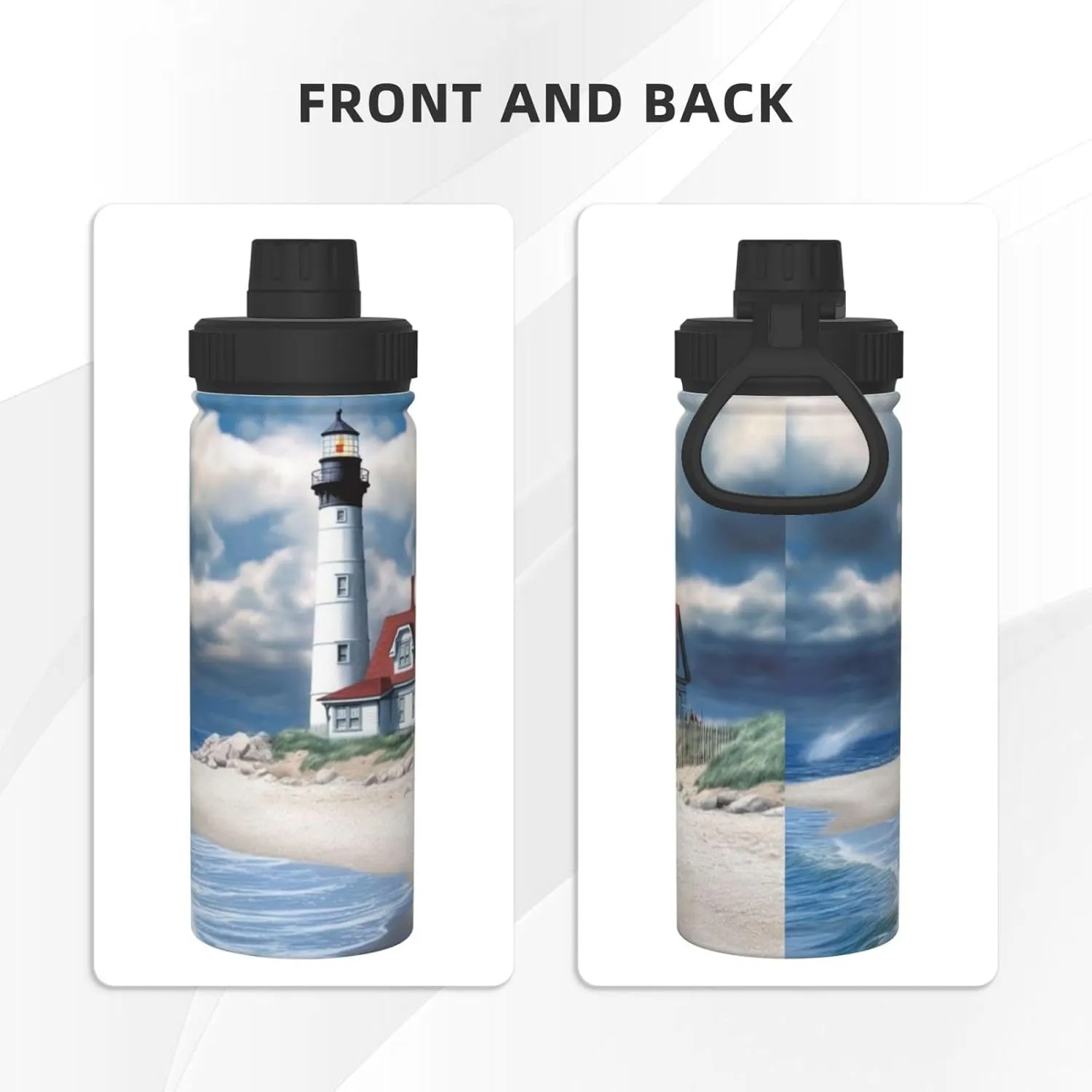 Beach Lighthouse 18 oz Stainless Steel Water Bottles Insulated Sports Water Bottle with Spout Lid, Watercolor Sky Cloud Double Wall Travel Water Flask for Men Women