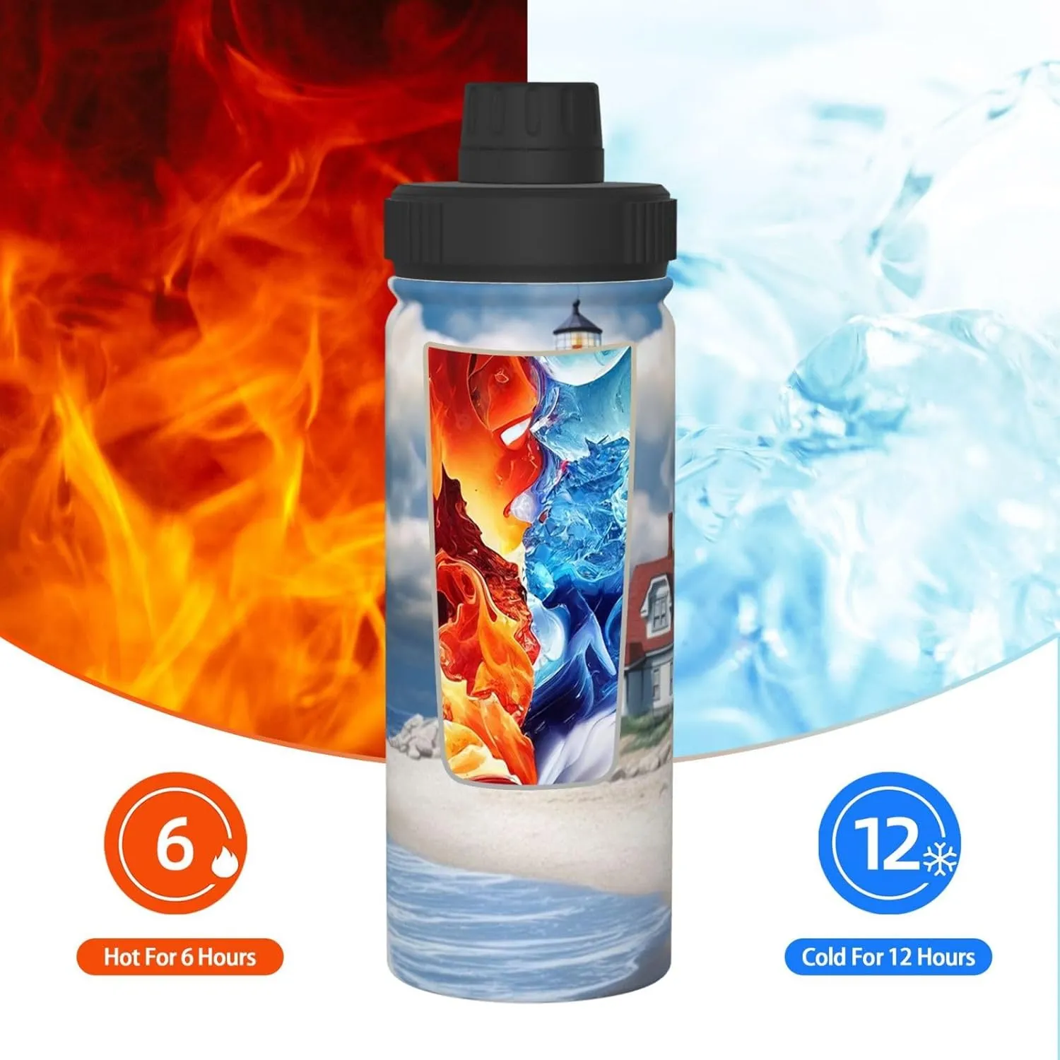Beach Lighthouse 18 oz Stainless Steel Water Bottles Insulated Sports Water Bottle with Spout Lid, Watercolor Sky Cloud Double Wall Travel Water Flask for Men Women