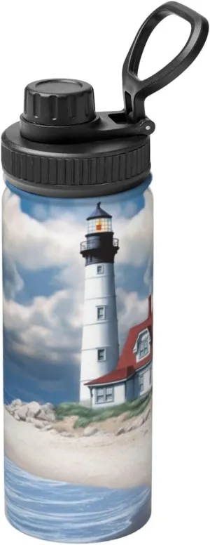 Beach Lighthouse 18 oz Stainless Steel Water Bottles Insulated Sports Water Bottle with Spout Lid, Watercolor Sky Cloud Double Wall Travel Water Flask for Men Women