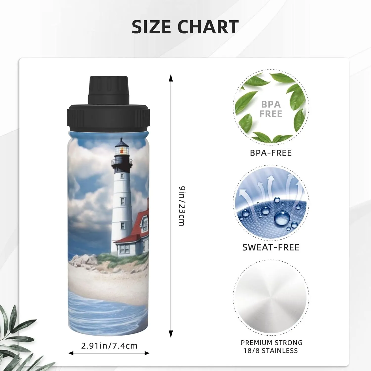 Beach Lighthouse 18 oz Stainless Steel Water Bottles Insulated Sports Water Bottle with Spout Lid, Watercolor Sky Cloud Double Wall Travel Water Flask for Men Women