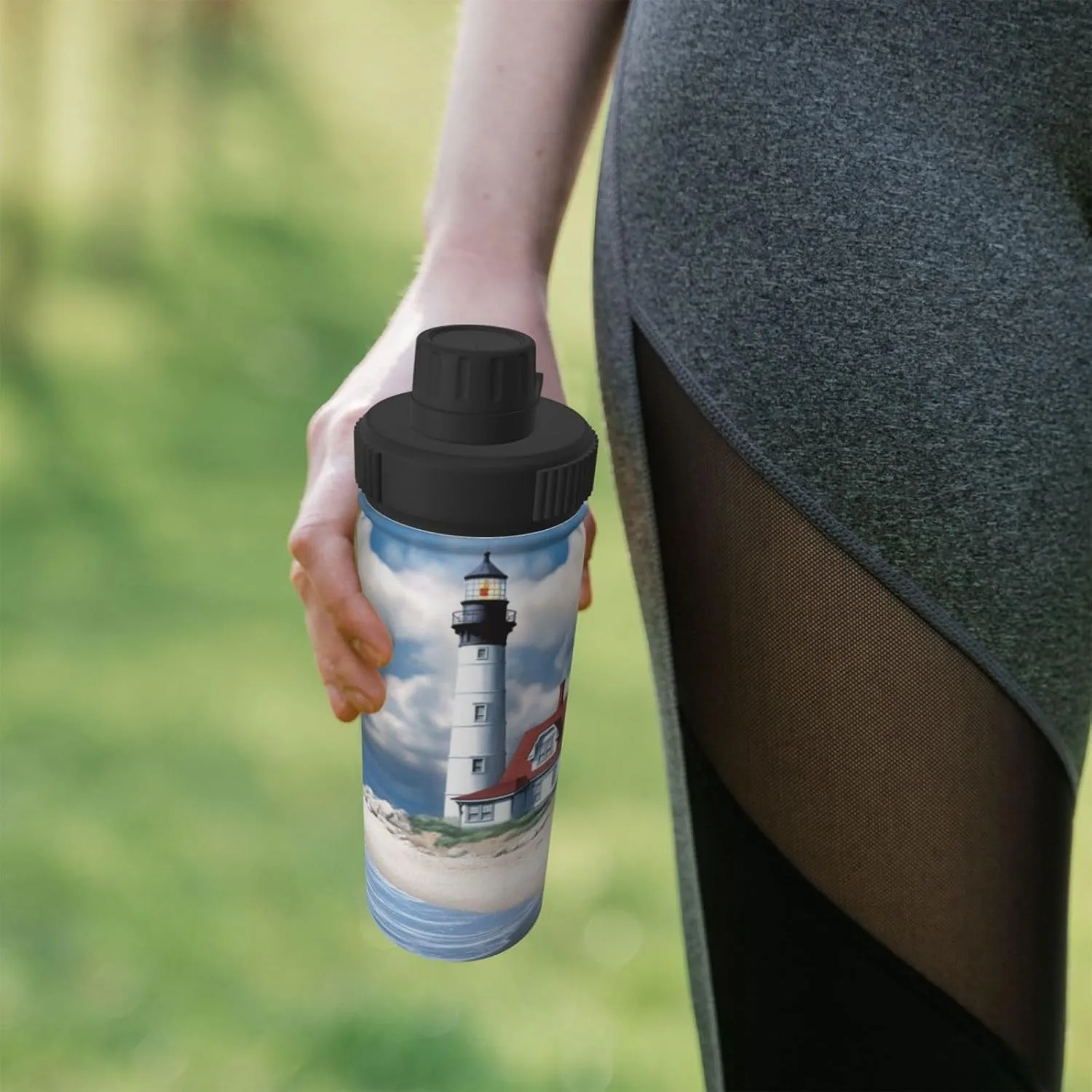 Beach Lighthouse 18 oz Stainless Steel Water Bottles Insulated Sports Water Bottle with Spout Lid, Watercolor Sky Cloud Double Wall Travel Water Flask for Men Women