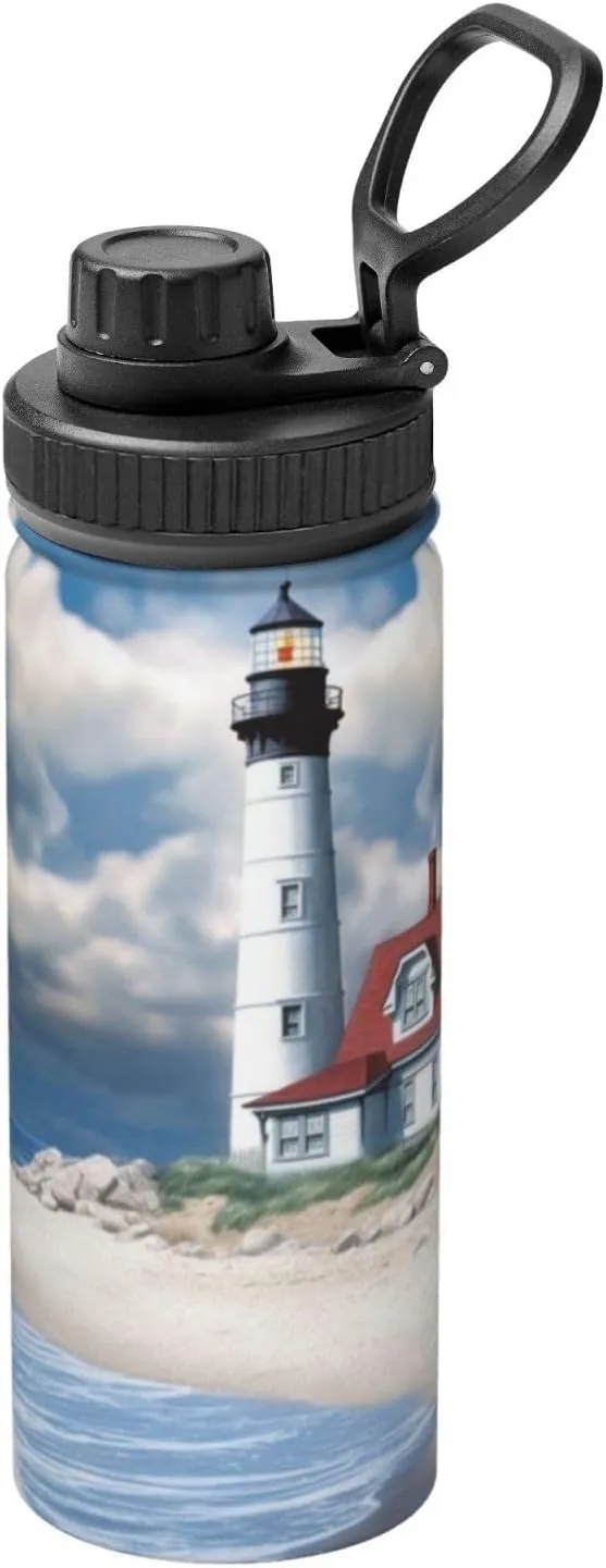 Beach Lighthouse 18 oz Stainless Steel Water Bottles Insulated Sports Water Bottle with Spout Lid, Watercolor Sky Cloud Double Wall Travel Water Flask for Men Women