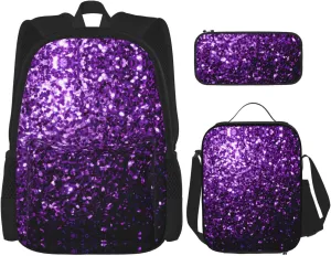 Beautiful Purple Glitter Print Versatile Adjustable Shoulder Fashion Backpack Lunch Bag Pencil Case Large Capacity