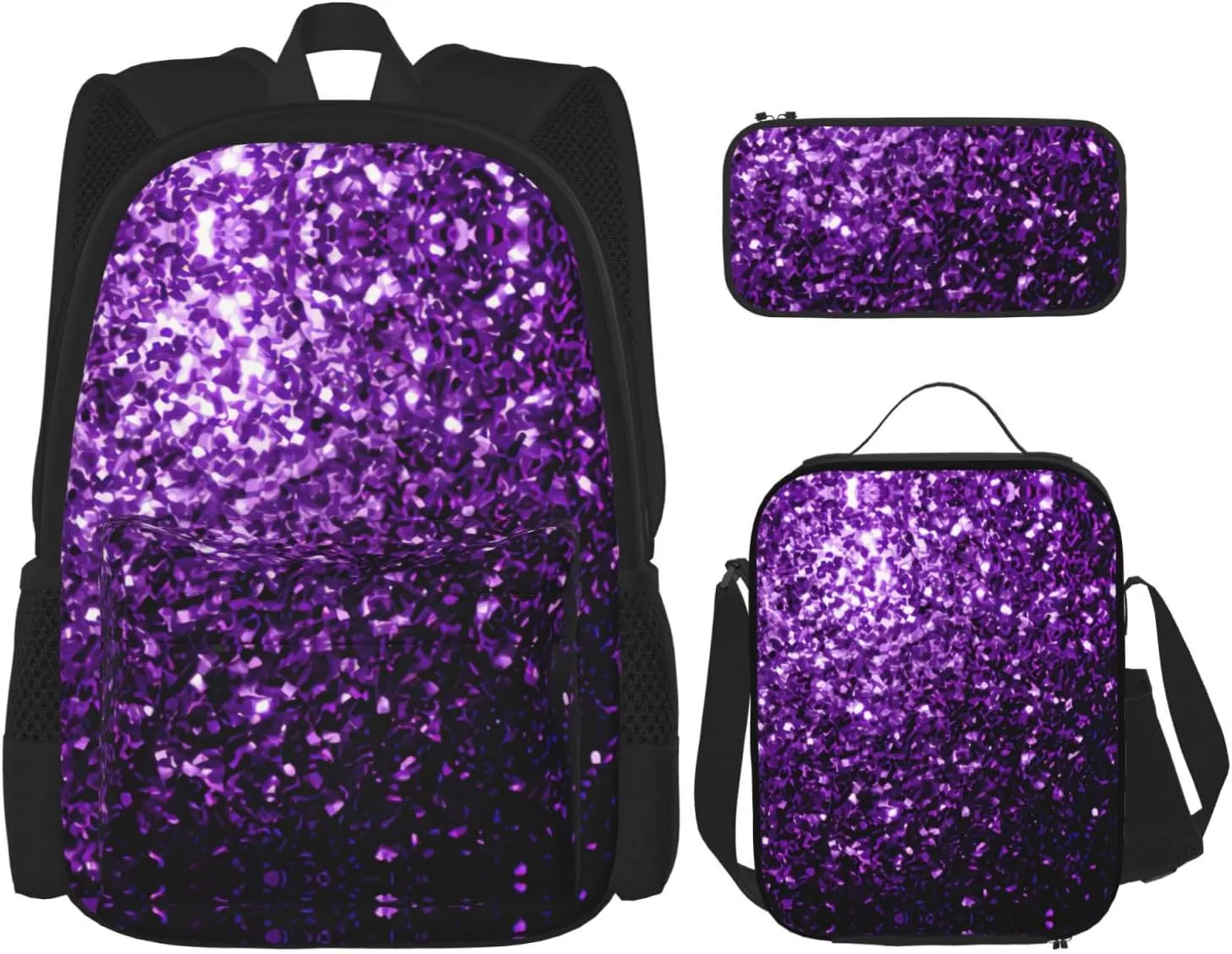Beautiful Purple Glitter Print Versatile Adjustable Shoulder Fashion Backpack Lunch Bag Pencil Case Large Capacity