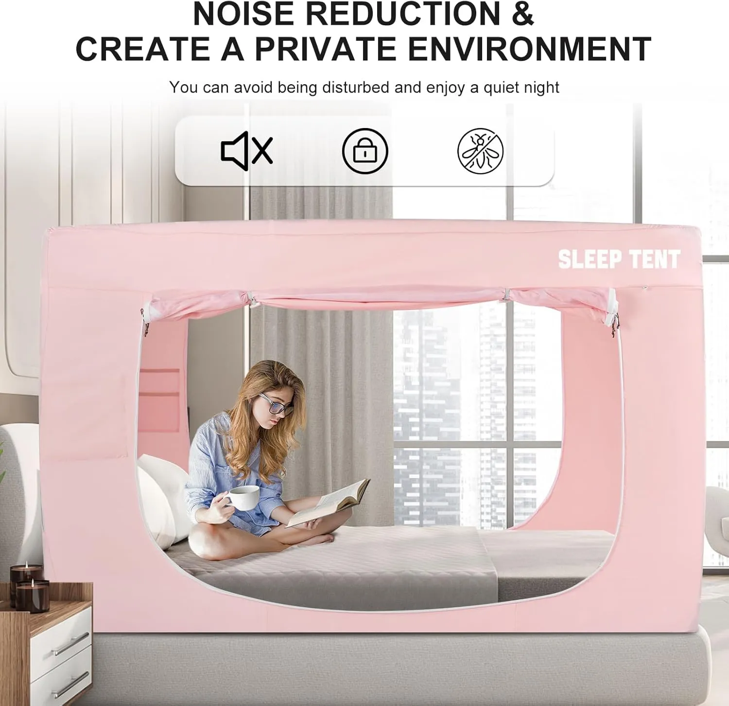 Bed Tent Full Bed Canopy Dream Tent for Indoor Portable Blackout Tents Privacy Space Warm Breathable Sleeping Tents for Kids and Adult(Pink,Mattress Not Included) Reducing Light