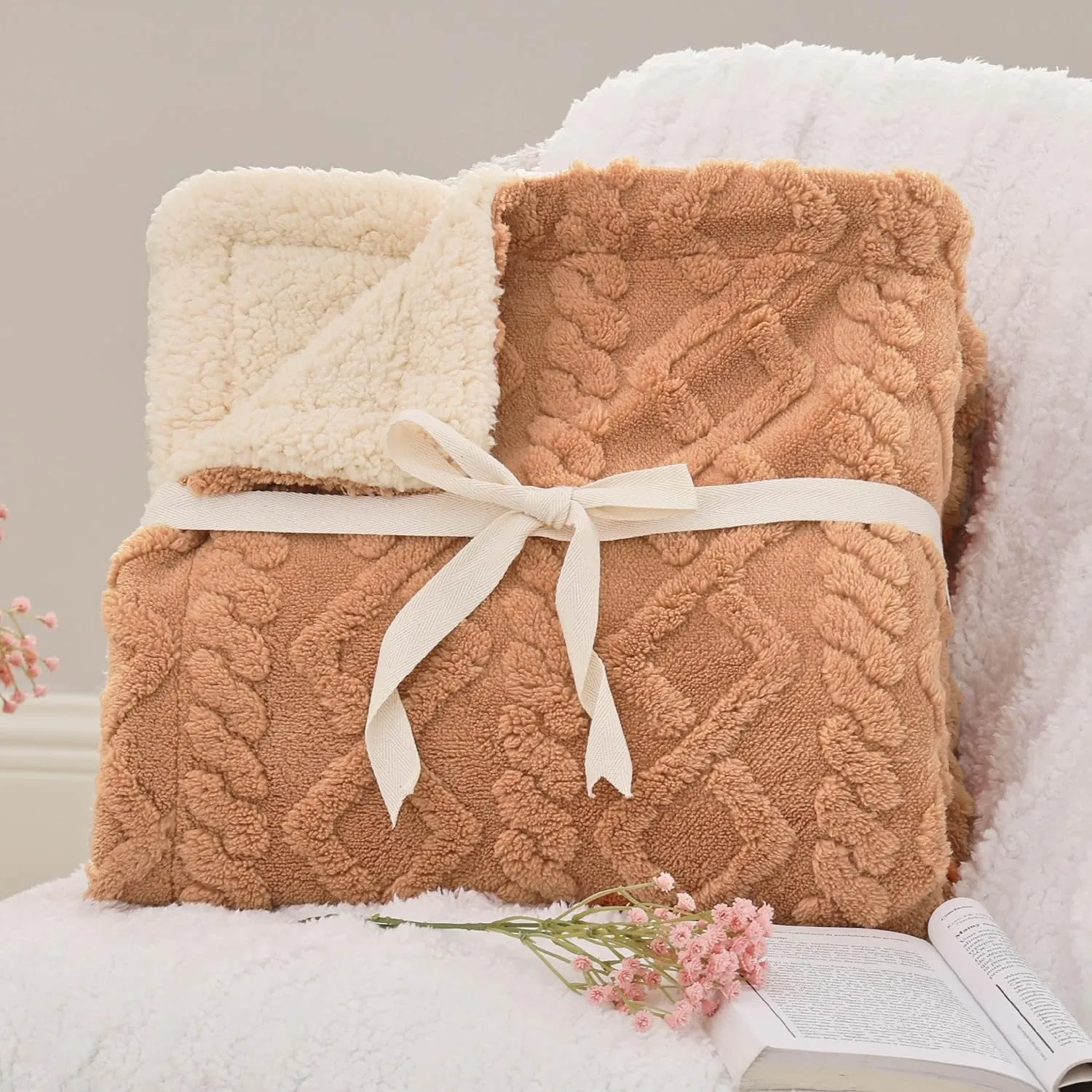 Bedsure Sherpa Queen Size Blanket for Bed - Fleece Soft Cozy Fuzzy Cable Blankets for Women, Thick Warm for Winter and All Seasons, Light Brown, 90x90 Inches