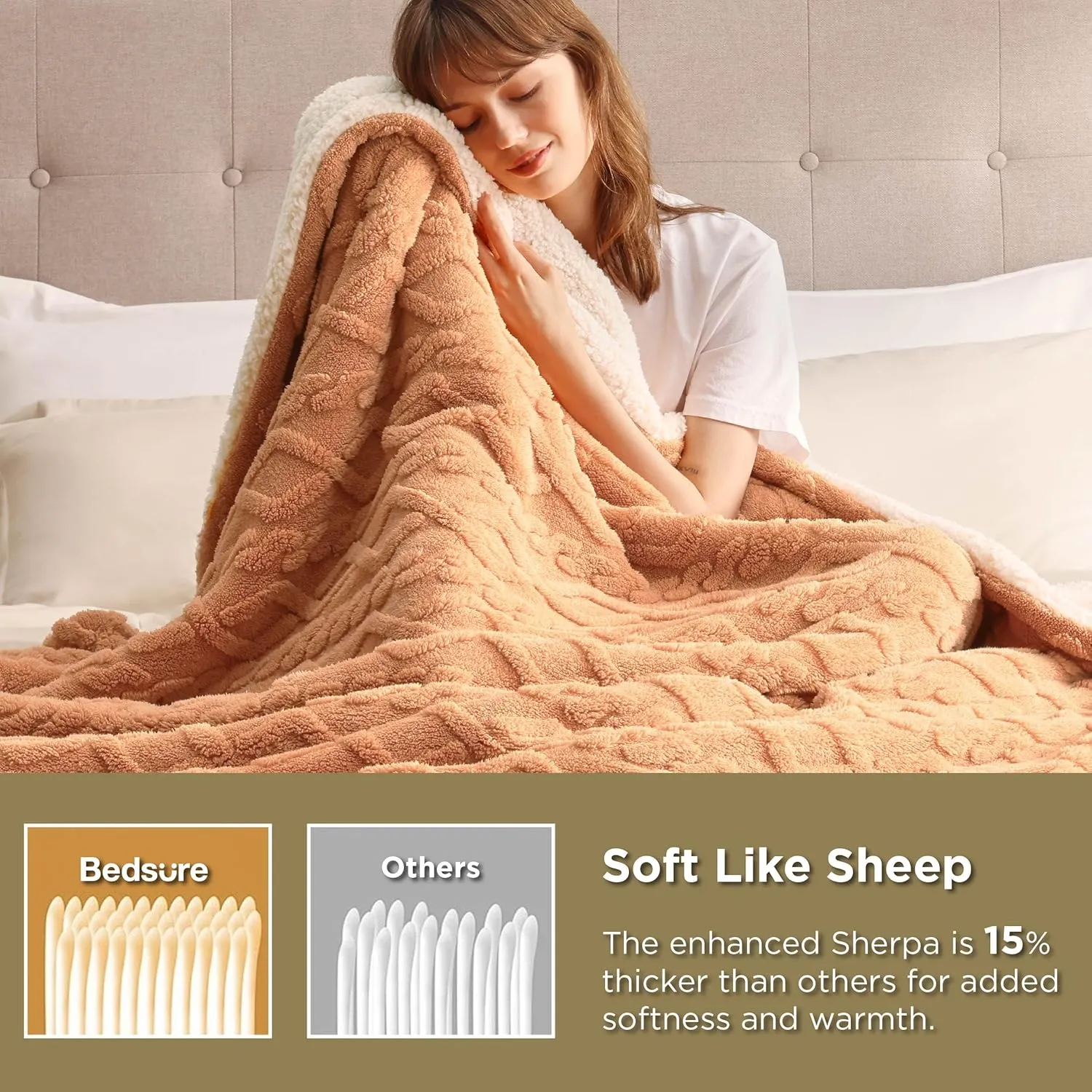 Bedsure Sherpa Queen Size Blanket for Bed - Fleece Soft Cozy Fuzzy Cable Blankets for Women, Thick Warm for Winter and All Seasons, Light Brown, 90x90 Inches