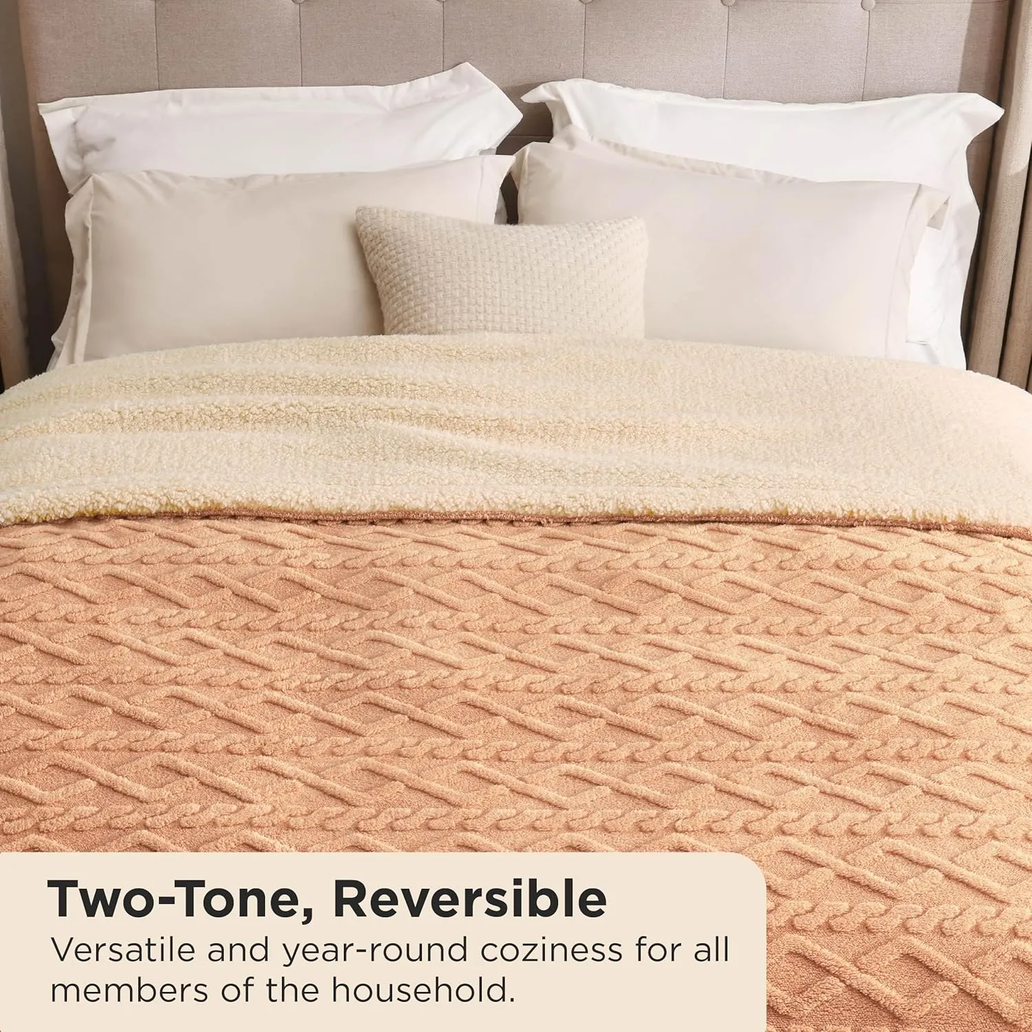 Bedsure Sherpa Queen Size Blanket for Bed - Fleece Soft Cozy Fuzzy Cable Blankets for Women, Thick Warm for Winter and All Seasons, Light Brown, 90x90 Inches
