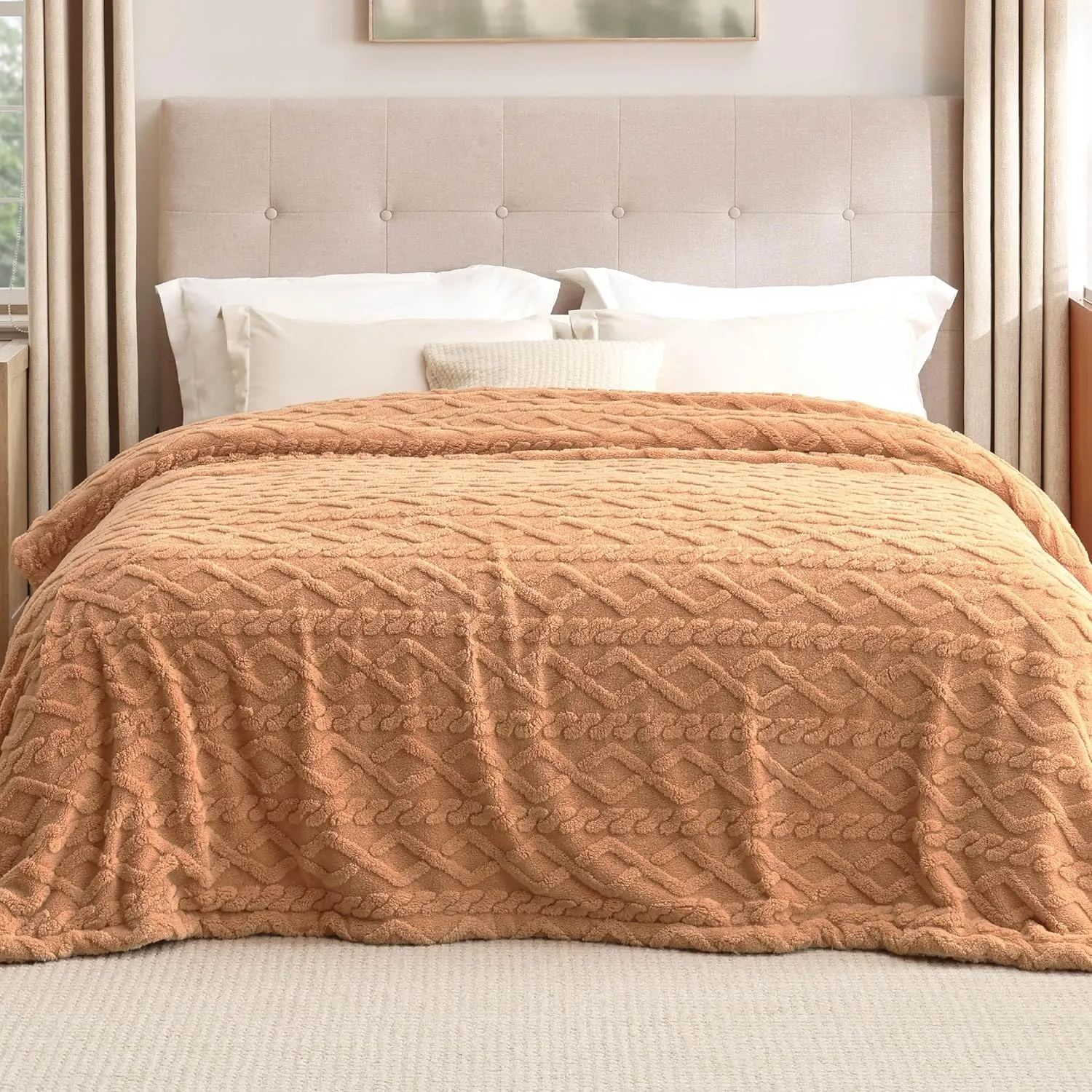 Bedsure Sherpa Queen Size Blanket for Bed - Fleece Soft Cozy Fuzzy Cable Blankets for Women, Thick Warm for Winter and All Seasons, Light Brown, 90x90 Inches