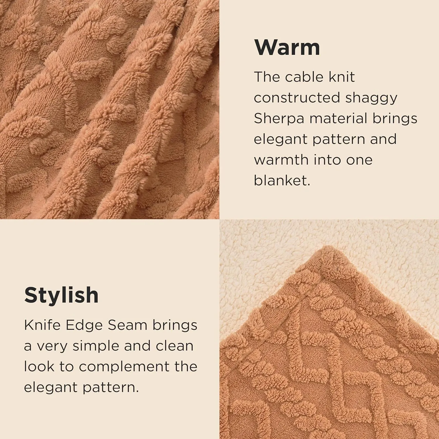 Bedsure Sherpa Queen Size Blanket for Bed - Fleece Soft Cozy Fuzzy Cable Blankets for Women, Thick Warm for Winter and All Seasons, Light Brown, 90x90 Inches