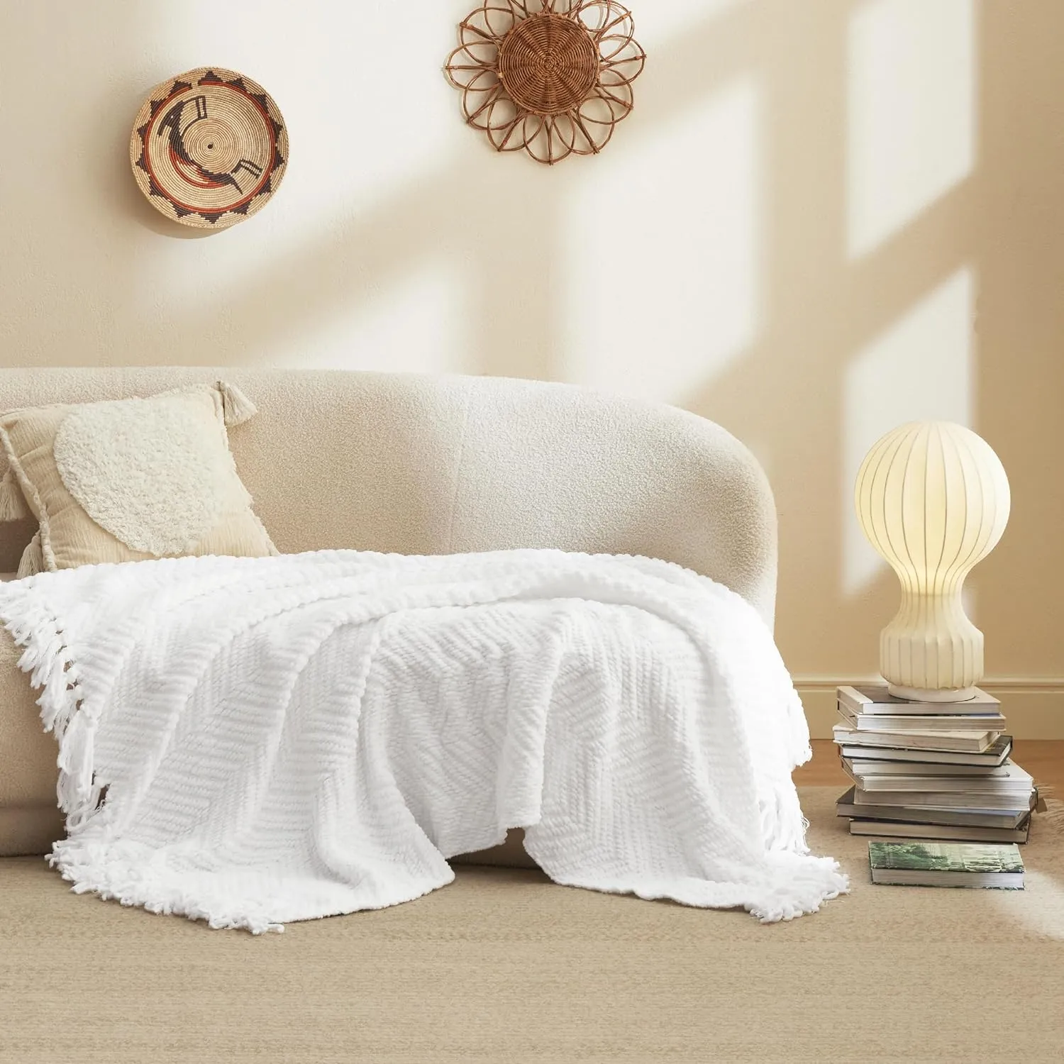 Bedsure White Throw Blankets for Couch - Textured Chunky Knit Woven Chenille Blanket - Super Soft, Warm Decorative Boho Throw with Tassels for Bed, Sofa and Living Room Decor, 50x60 Inches