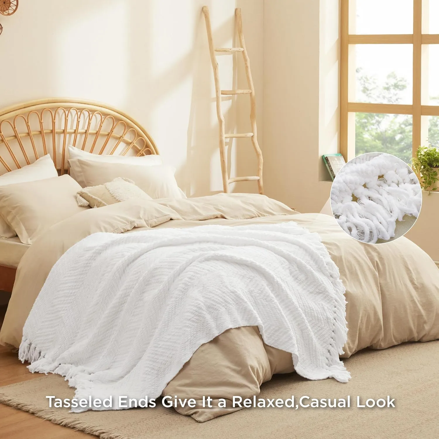Bedsure White Throw Blankets for Couch - Textured Chunky Knit Woven Chenille Blanket - Super Soft, Warm Decorative Boho Throw with Tassels for Bed, Sofa and Living Room Decor, 50x60 Inches