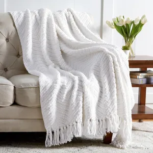 Bedsure White Throw Blankets for Couch - Textured Chunky Knit Woven Chenille Blanket - Super Soft, Warm Decorative Boho Throw with Tassels for Bed, Sofa and Living Room Decor, 50x60 Inches