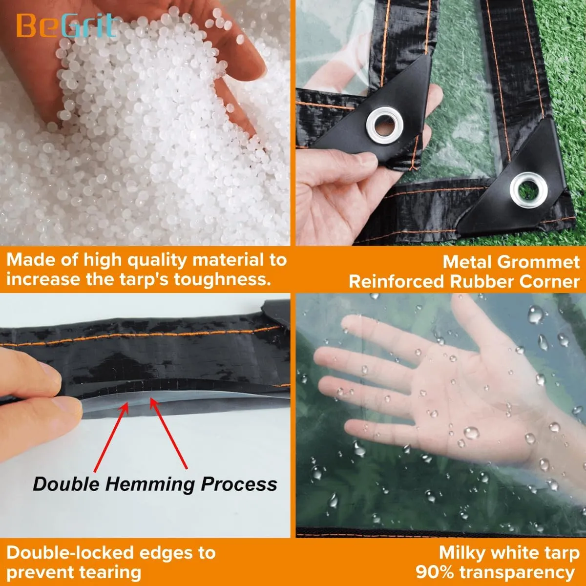 BeGrit Clear Tarps Waterproof Transparent Tarpaulin with Grommets, Dustproof Rainproof Windproof for Greenhouse Garden Patio,with 14 PCS Ball Bungee Cords, 10 x 13ft