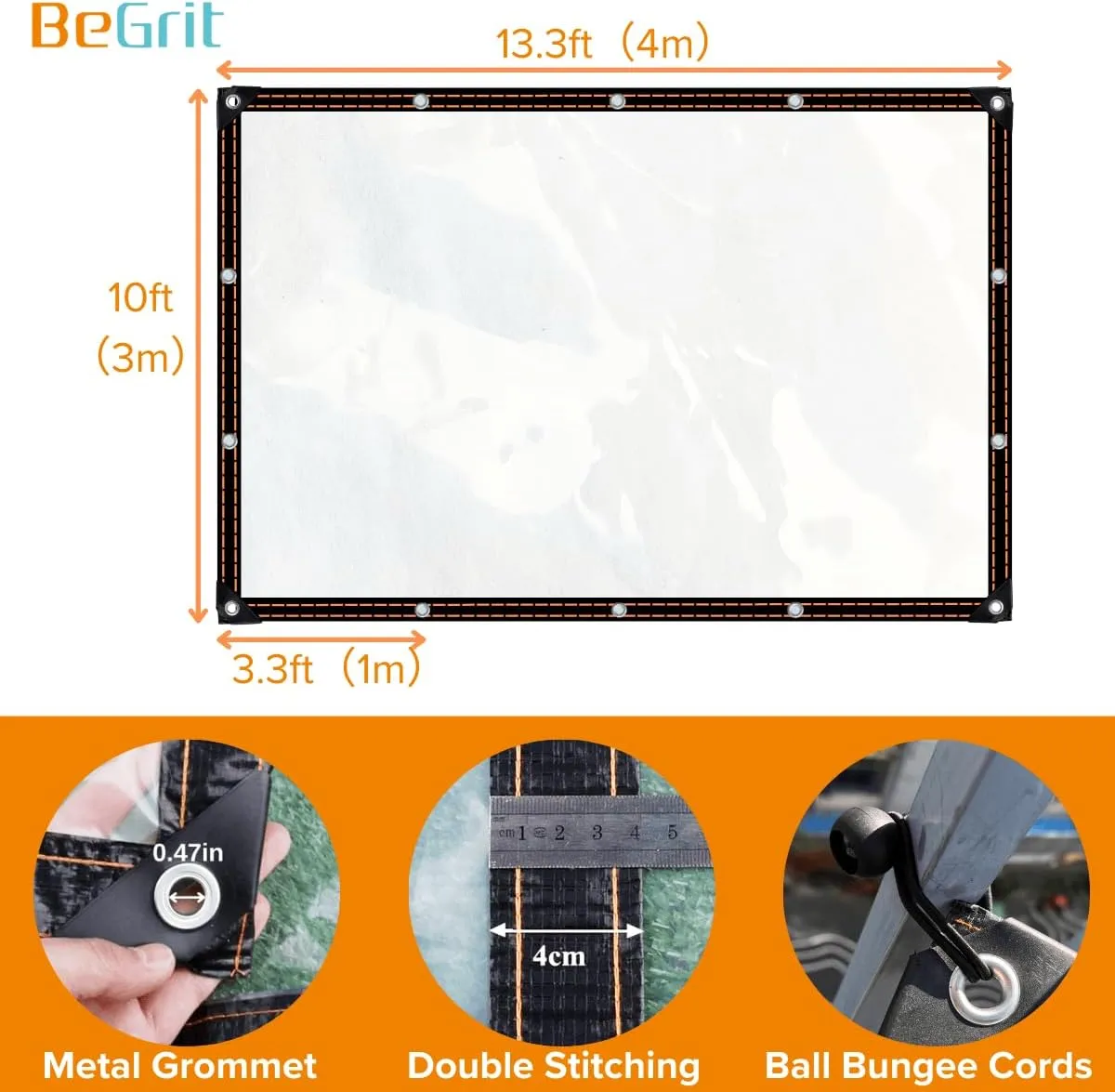 BeGrit Clear Tarps Waterproof Transparent Tarpaulin with Grommets, Dustproof Rainproof Windproof for Greenhouse Garden Patio,with 14 PCS Ball Bungee Cords, 10 x 13ft