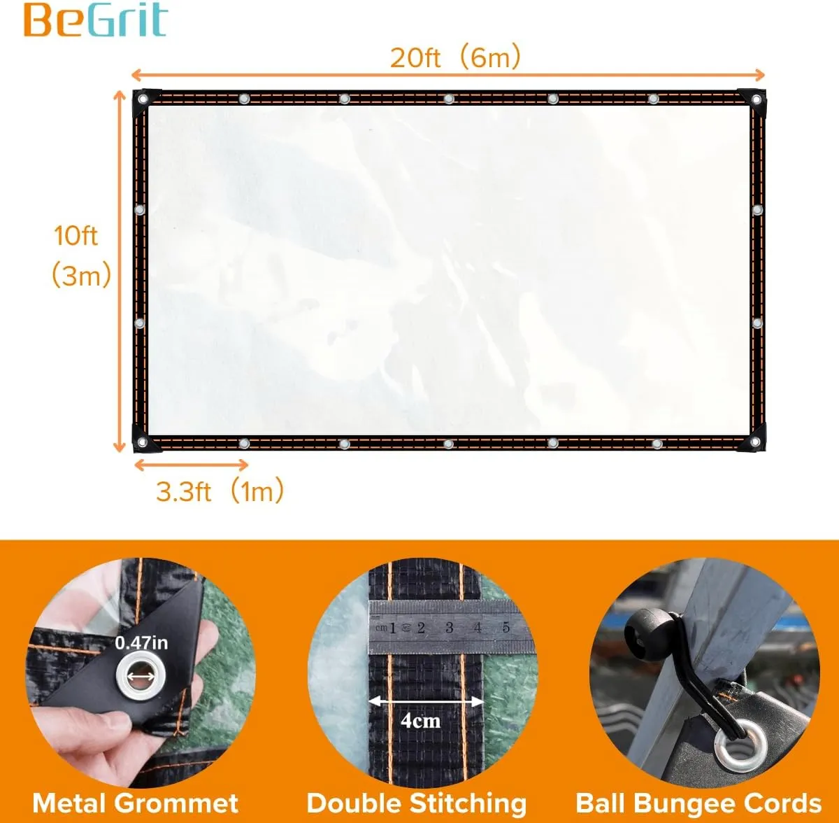 BeGrit Clear Tarps Waterproof Transparent Tarpaulin with Grommets, Dustproof Rainproof Windproof for Greenhouse Garden Patio,with 18 PCS Ball Bungee Cords, 10 x 20ft